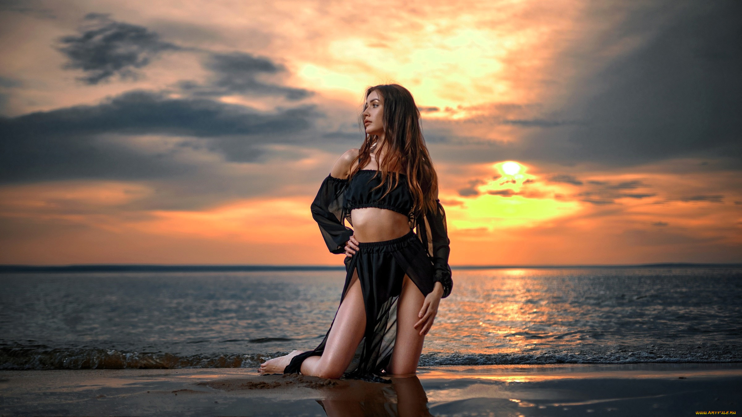 девушки, -, брюнетки, , шатенки, шатенка, топ, юбка, море, закат