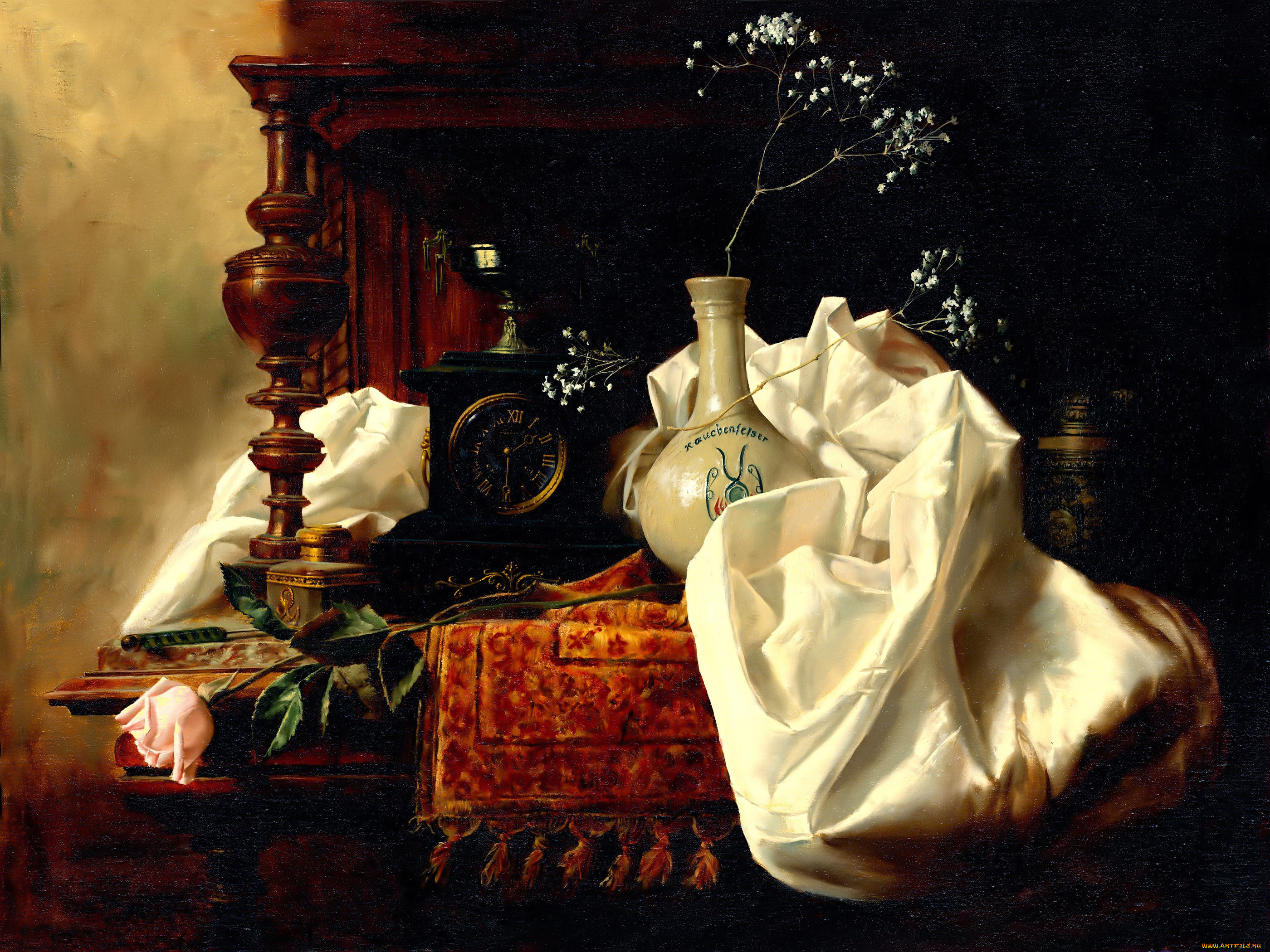 рисованное, алексей, антонов, полка, часы, цветок, ткань, ваза