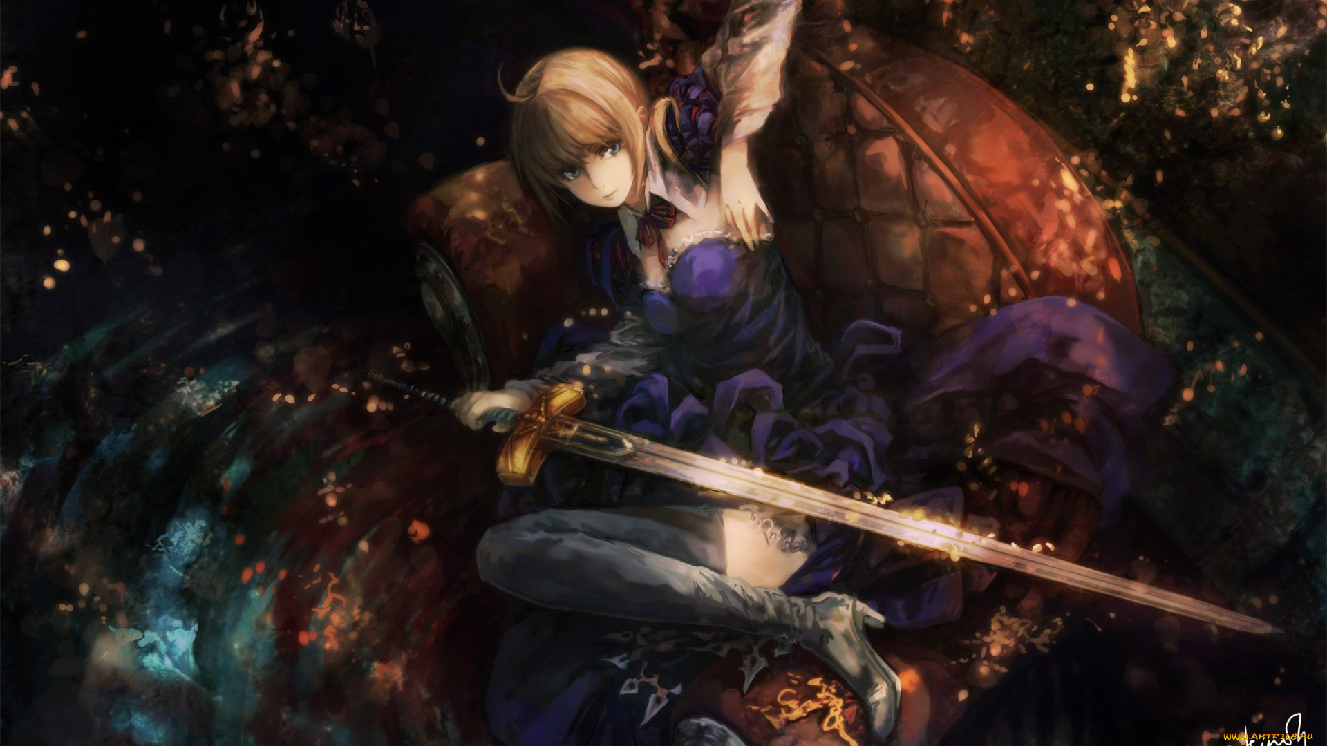 аниме, fate, zero, saber, девушка, сапоги, меч