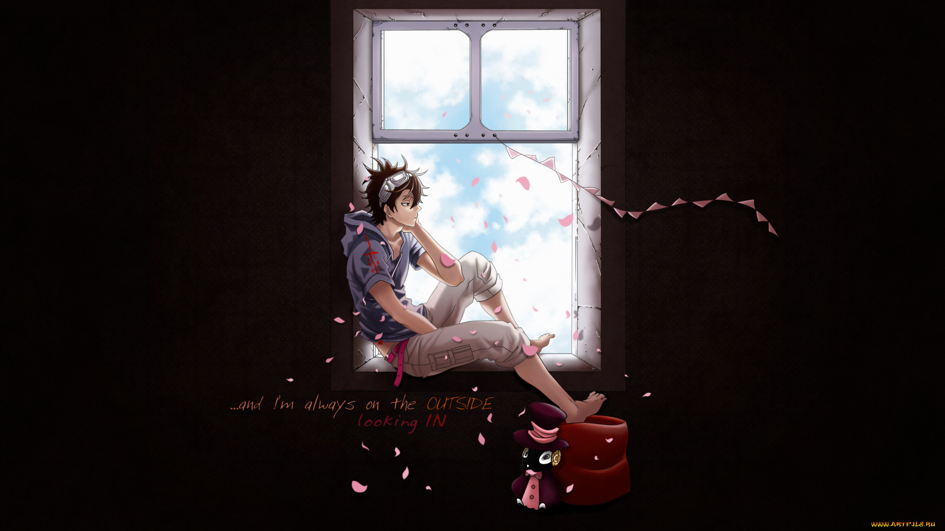 аниме, karneval, пуфик, gareki, окно, лепестки, парень