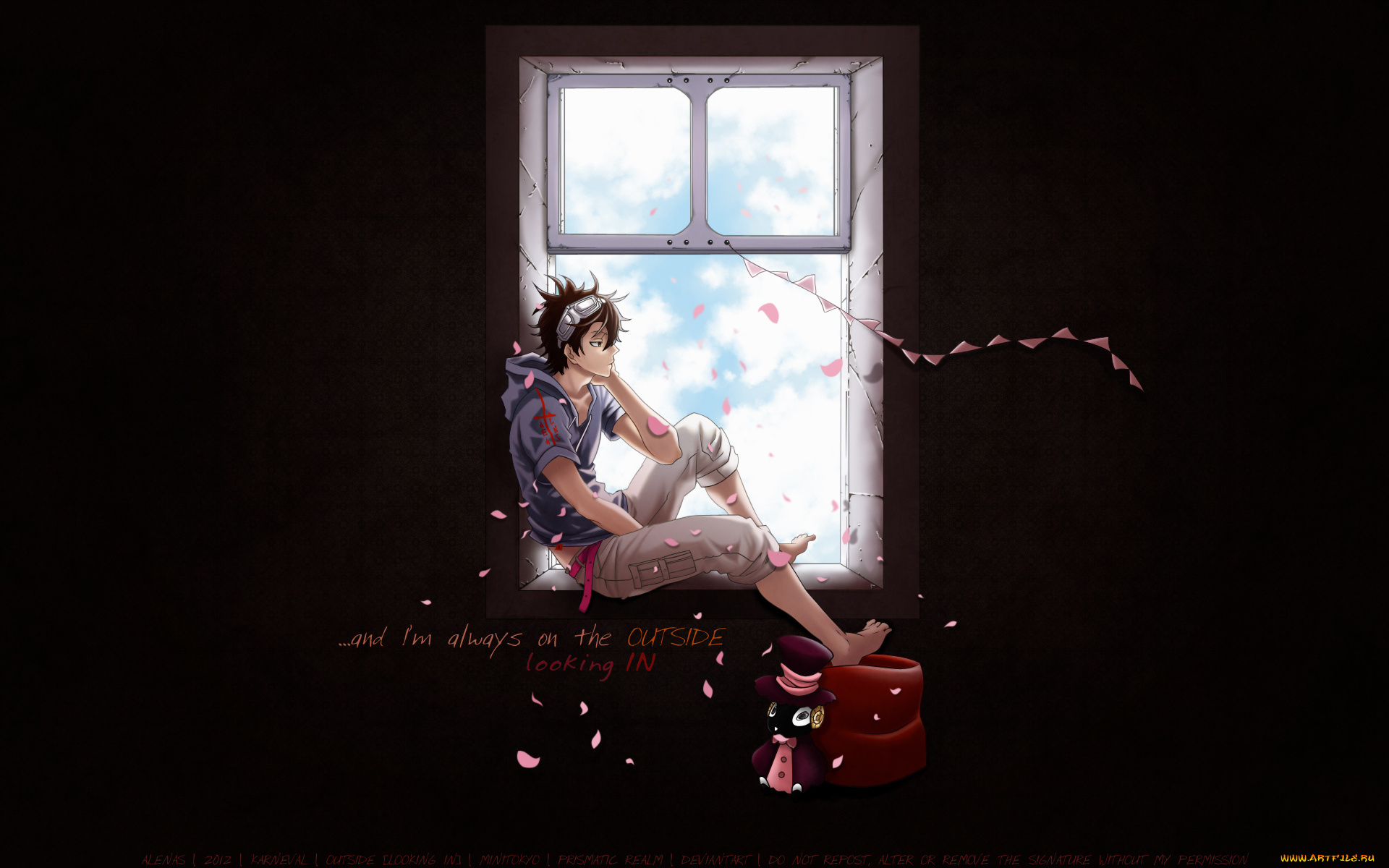 аниме, karneval, пуфик, gareki, окно, лепестки, парень
