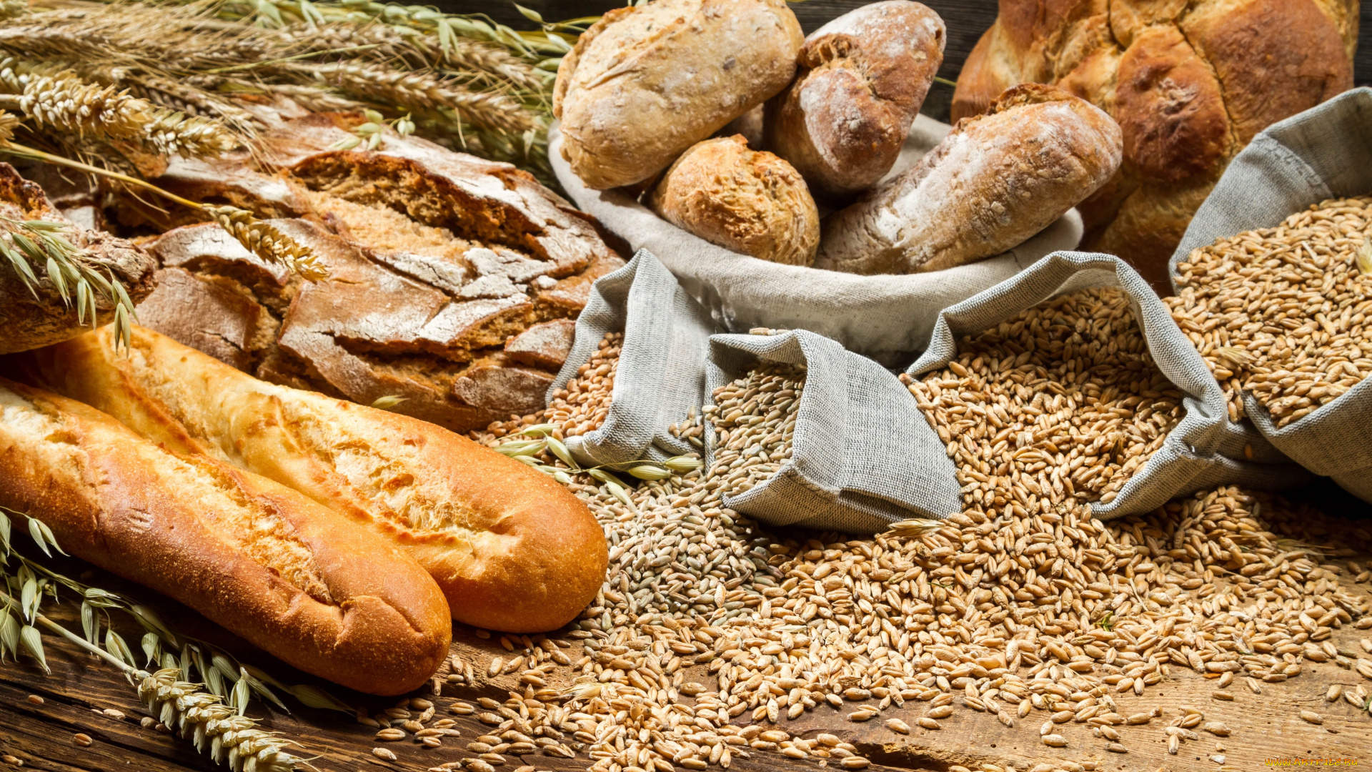 еда, хлеб, выпечка, французский, багет, буханки, зерно, колосья