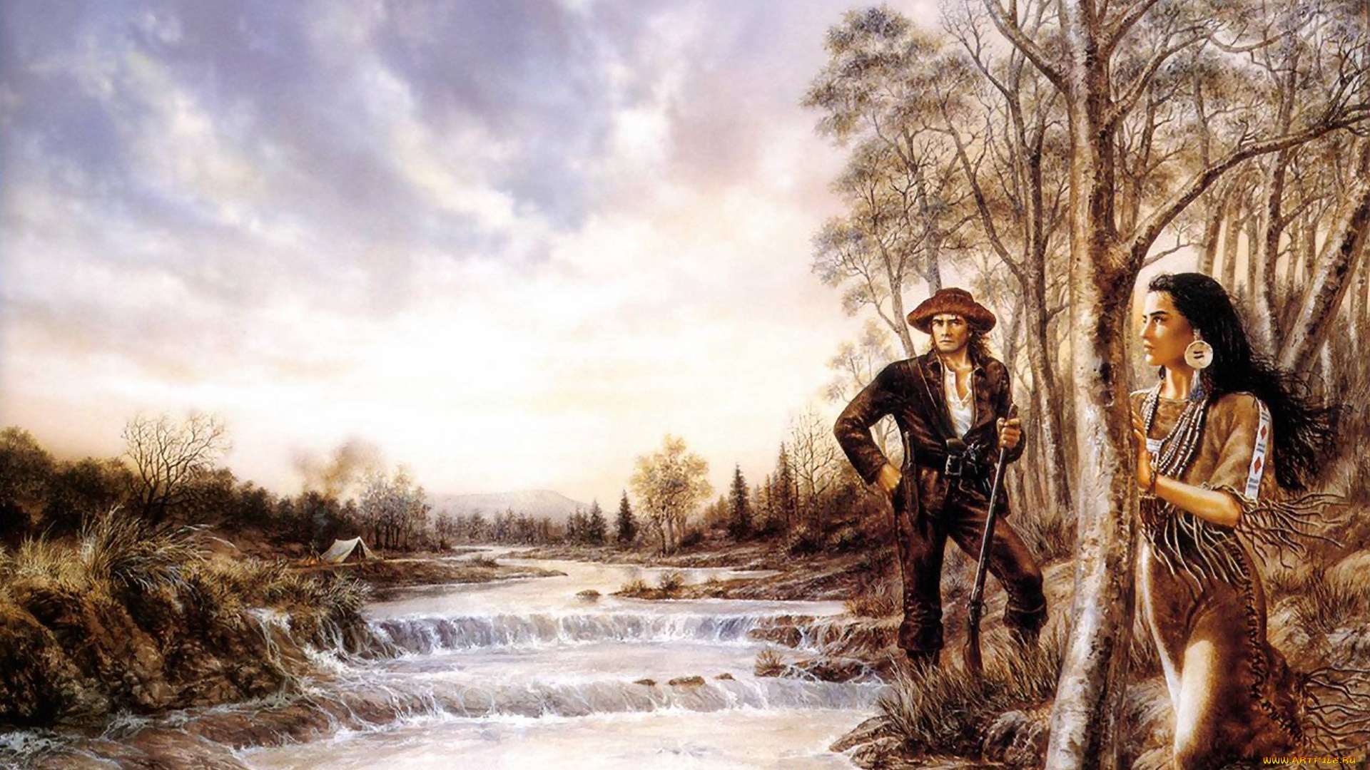фэнтези, luis, royo, индианка, мужчина, река, пороги