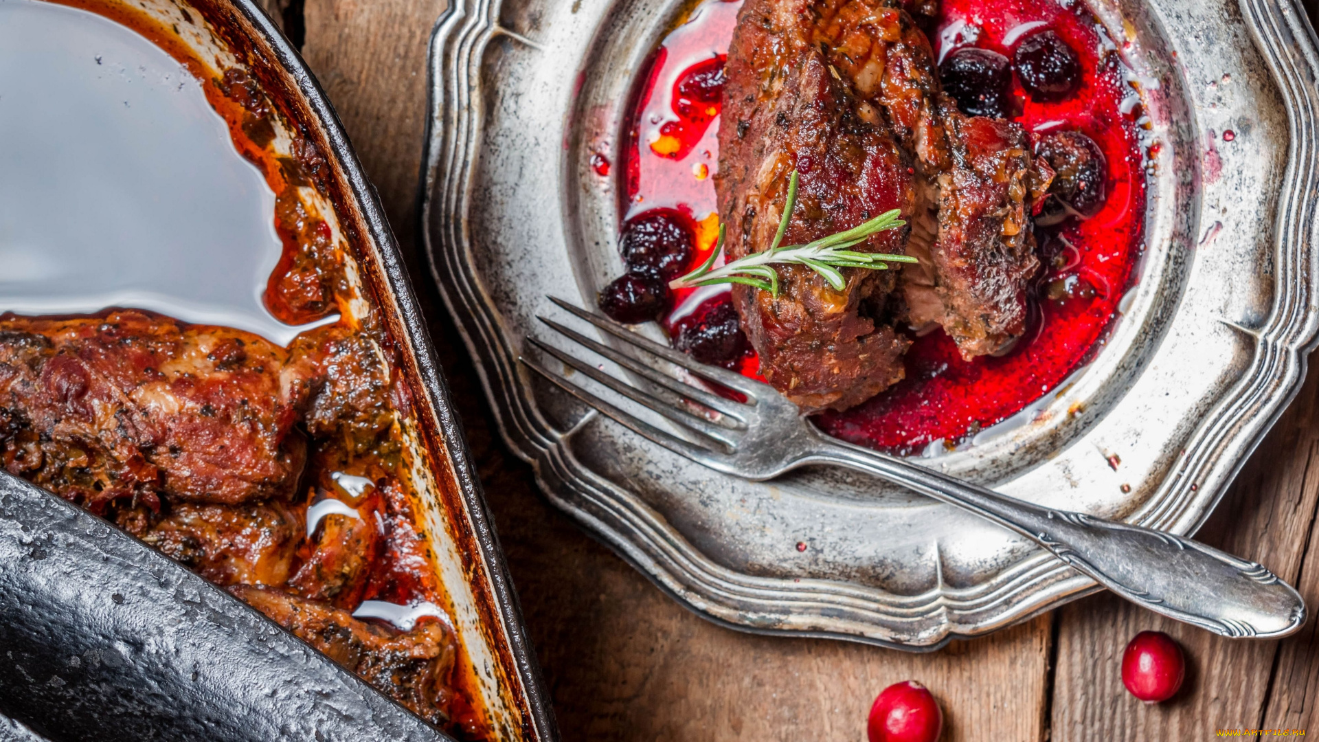 оленина, брусникой, еда, мясные, блюда, брусника, ягоды, тарелка, вилка