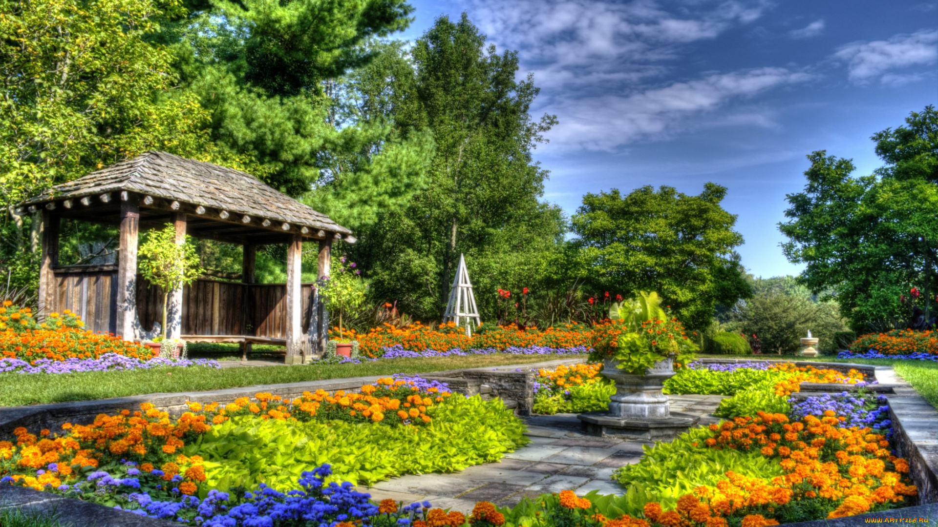 природа, парк, деревья, беседка, цветы, клумбы, дорожки