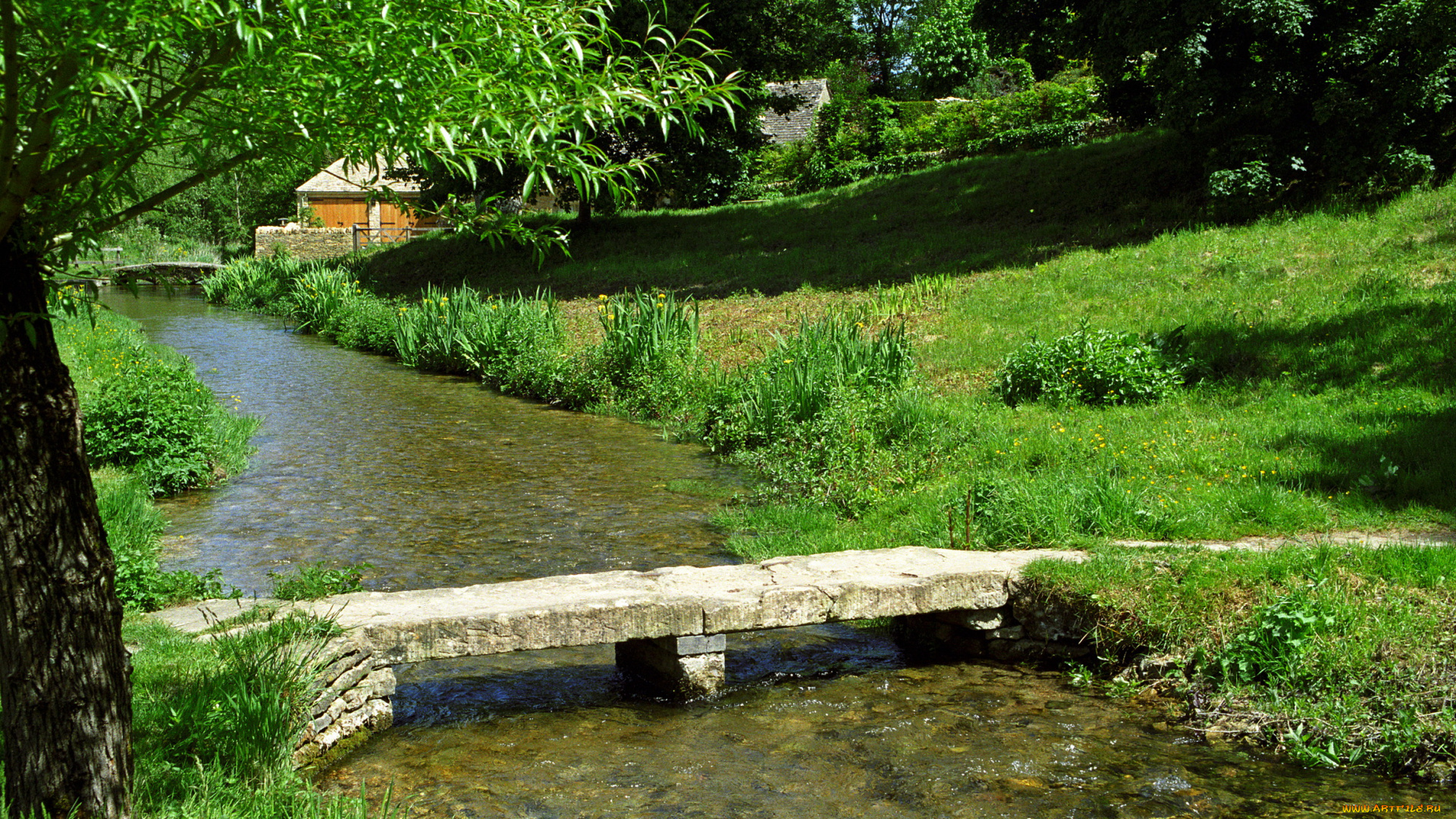река, slaughter, cotswolds, england, природа, реки, озера, мостик, трава