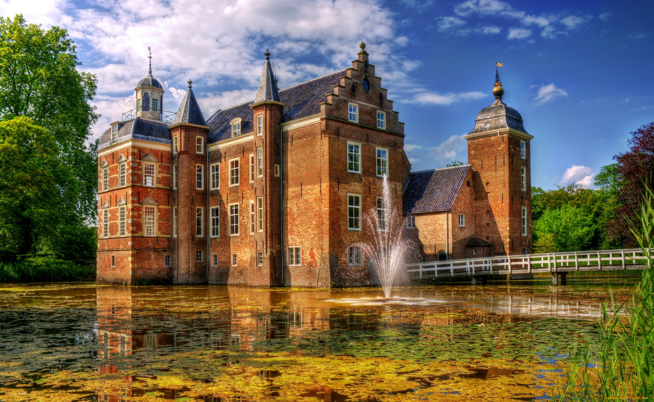 kasteel, huize, ruurlo, города, дворцы, замки, крепости, парк, пруд, мостик, замок, стены, башни