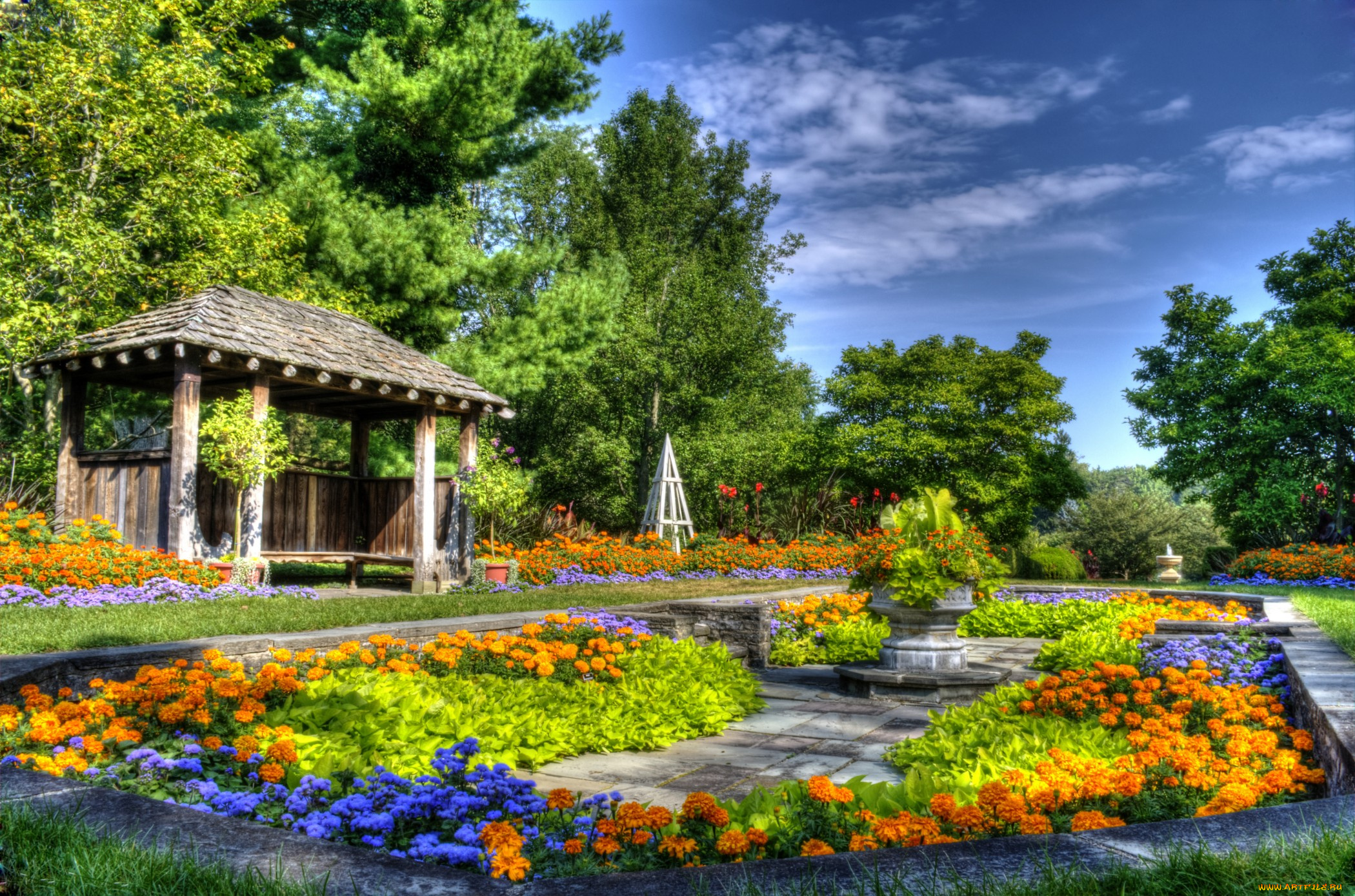 природа, парк, деревья, беседка, цветы, клумбы, дорожки