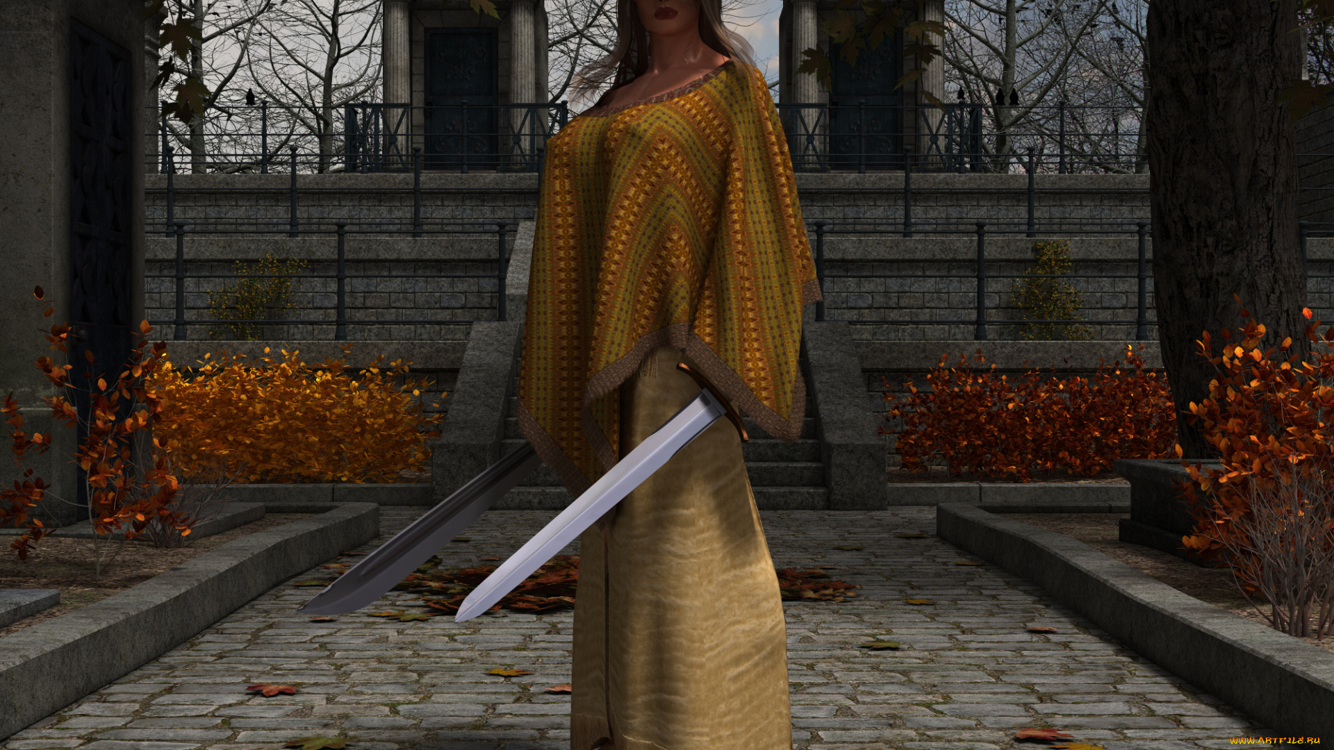 3д, графика, фантазия, , fantasy, шляпа, взгляд, девушка, мечи, осень