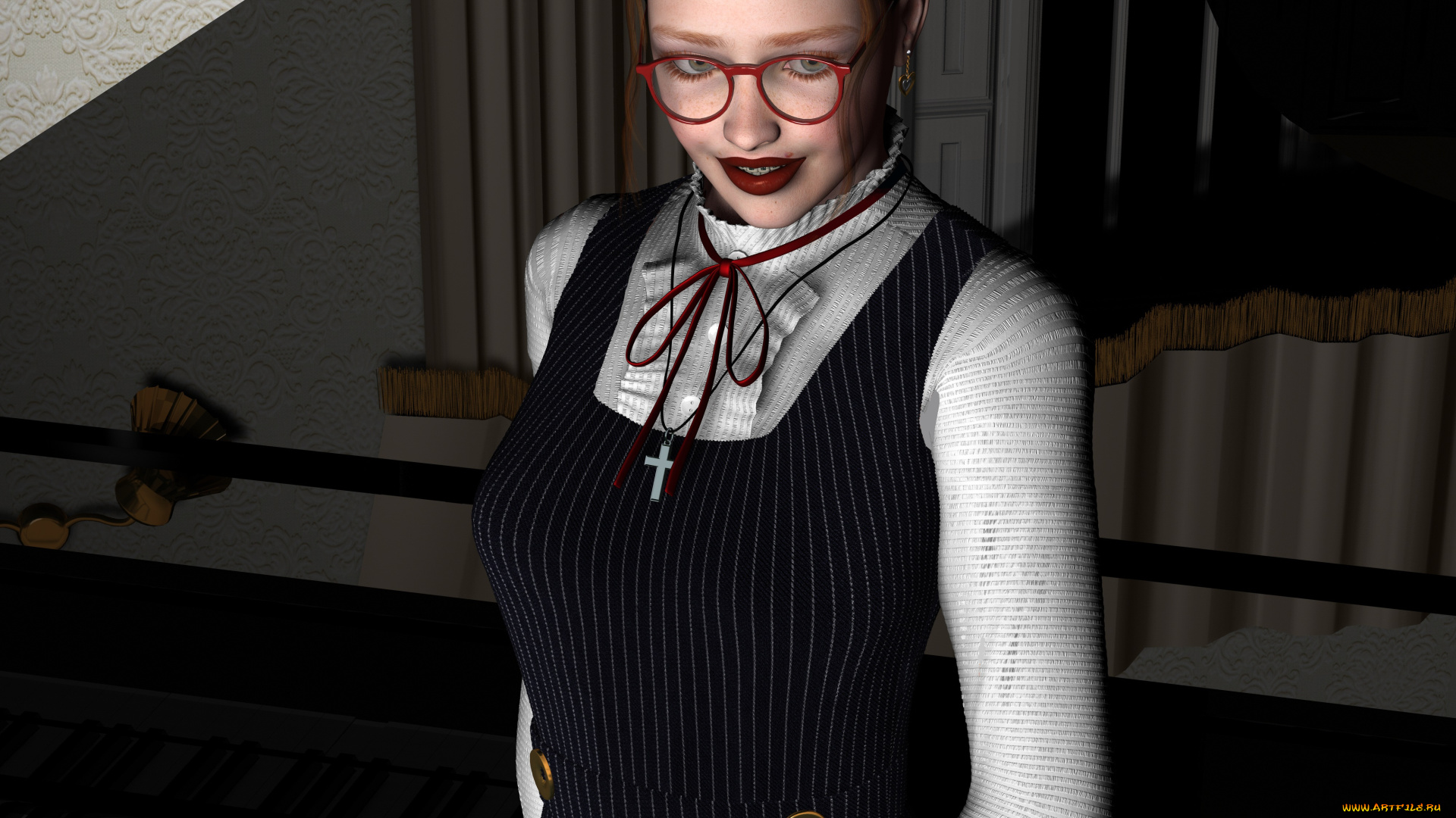 3д, графика, люди, , people, фон, очки, рыжая, улыбка, взгляд, девушка