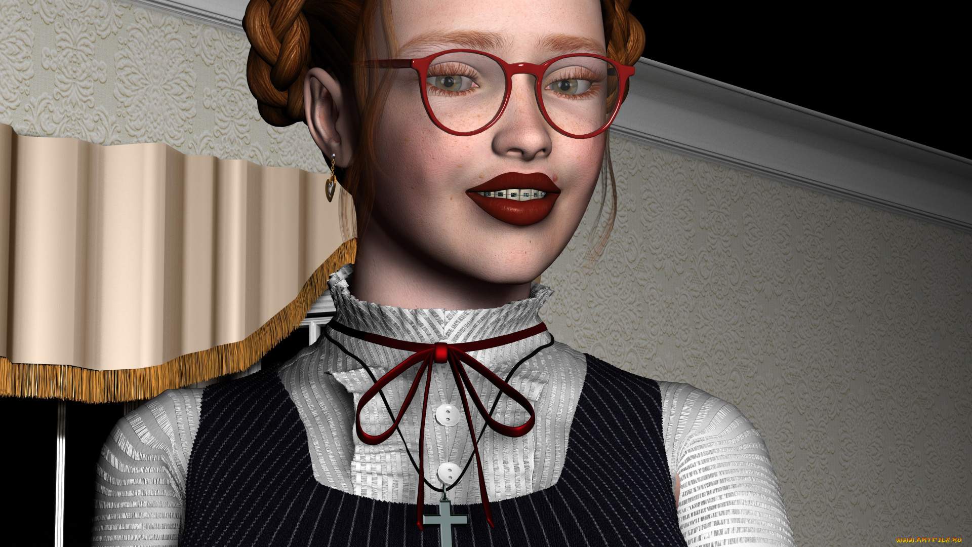 3д, графика, люди, , people, фон, очки, взгляд, рыжая, девушка, улыбка