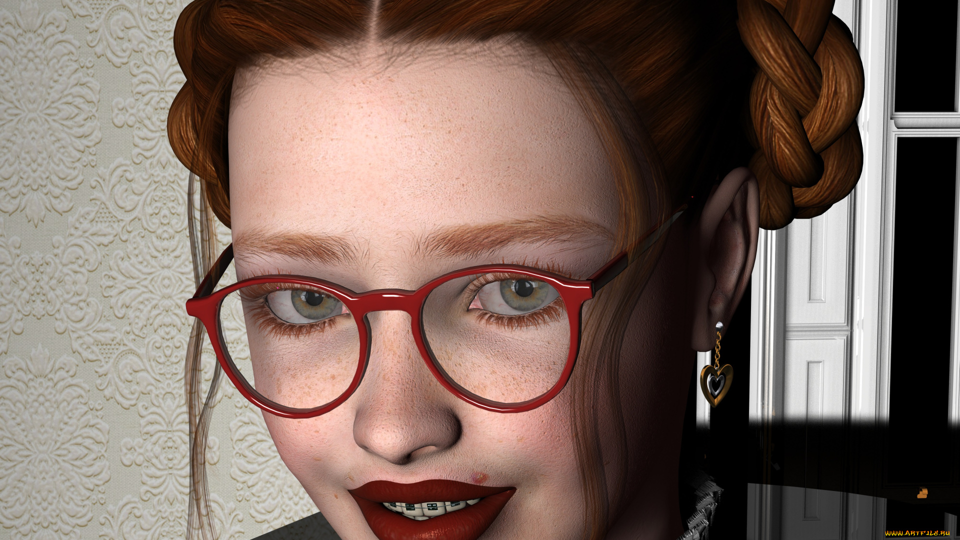 3д, графика, портрет, , portraits, фон, улыбка, очки, девушка, взгляд, рыжая