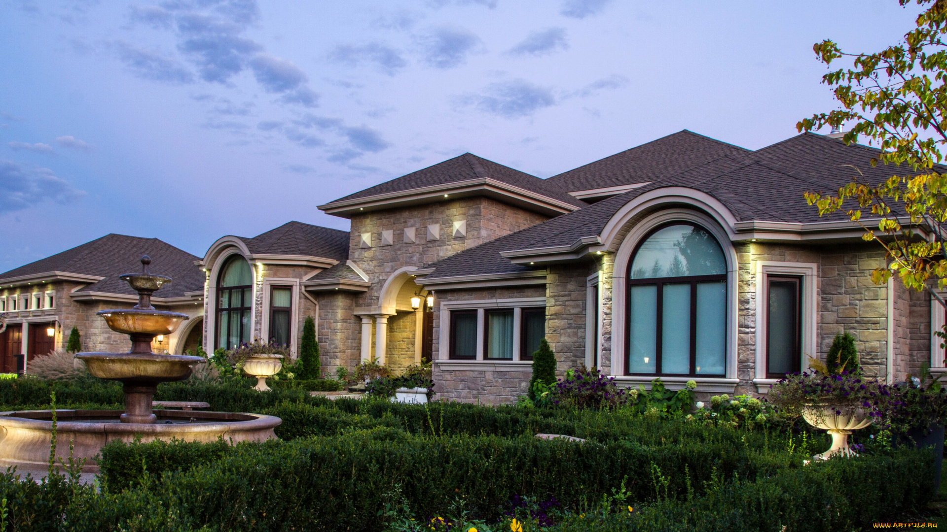 города, -, здания, , дома, газоны, ночь, фонари, фонтан, особняк, дом