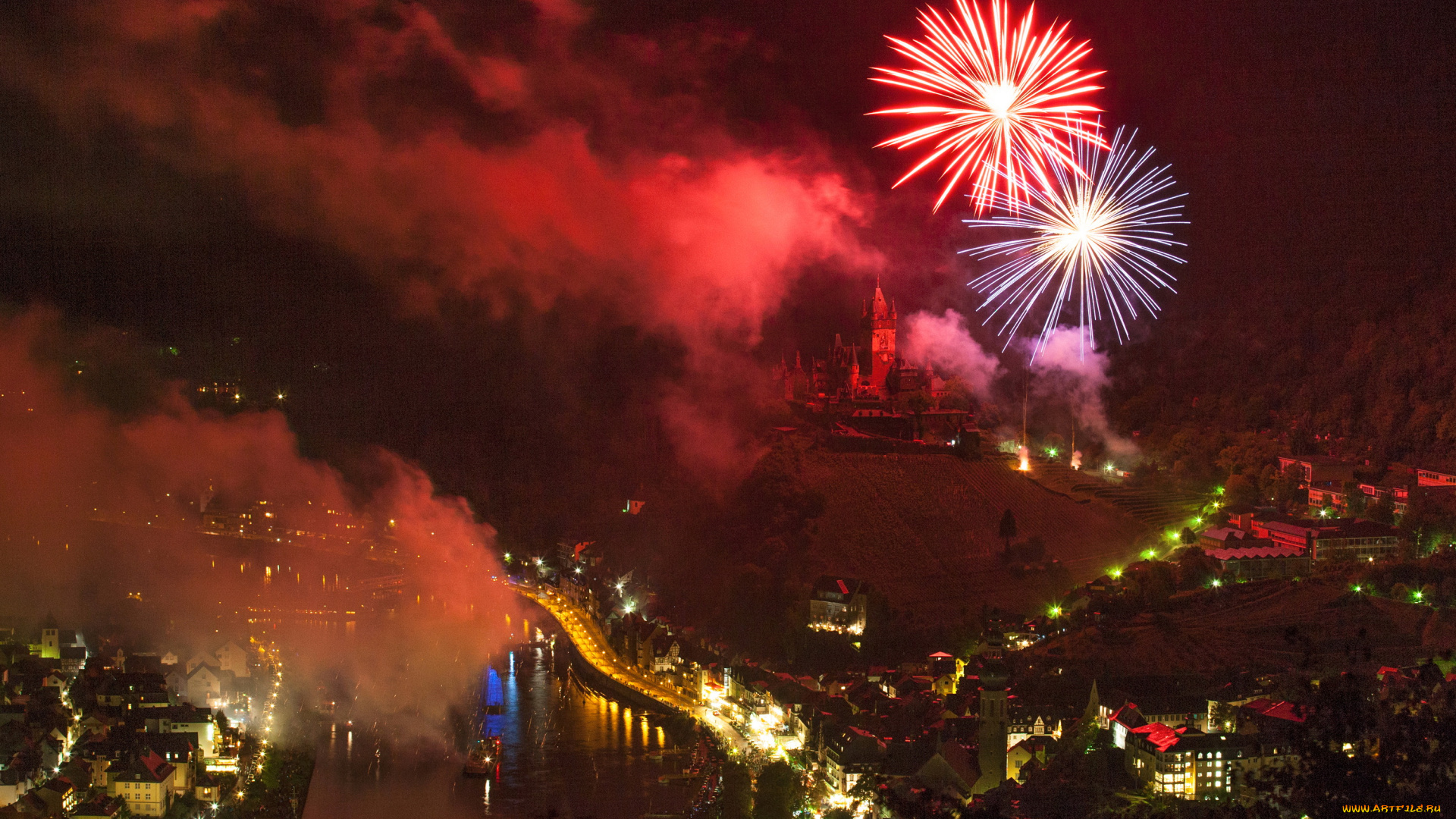 города, кохем, , германия, cochem, замок, дома, огни, салют, ночь