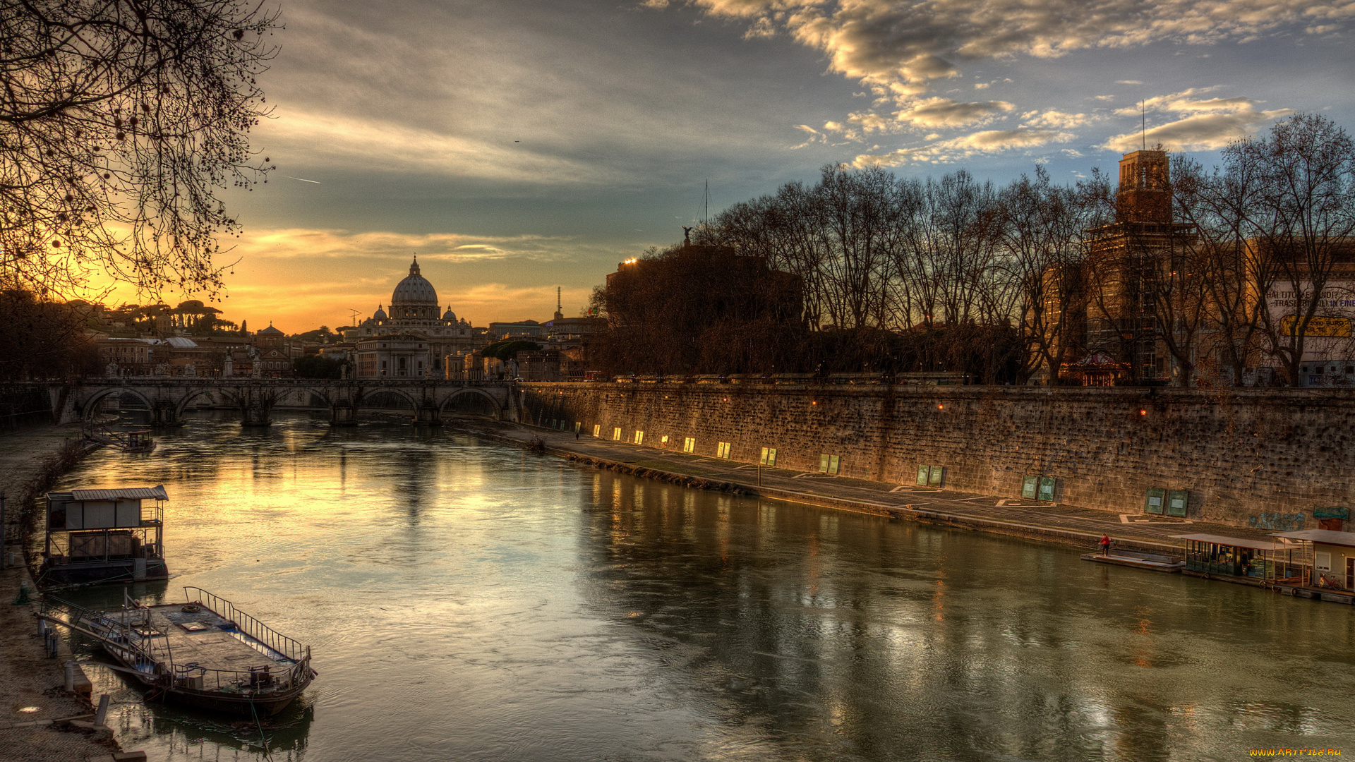 города, рим, , ватикан, , италия, закат, дома, канал