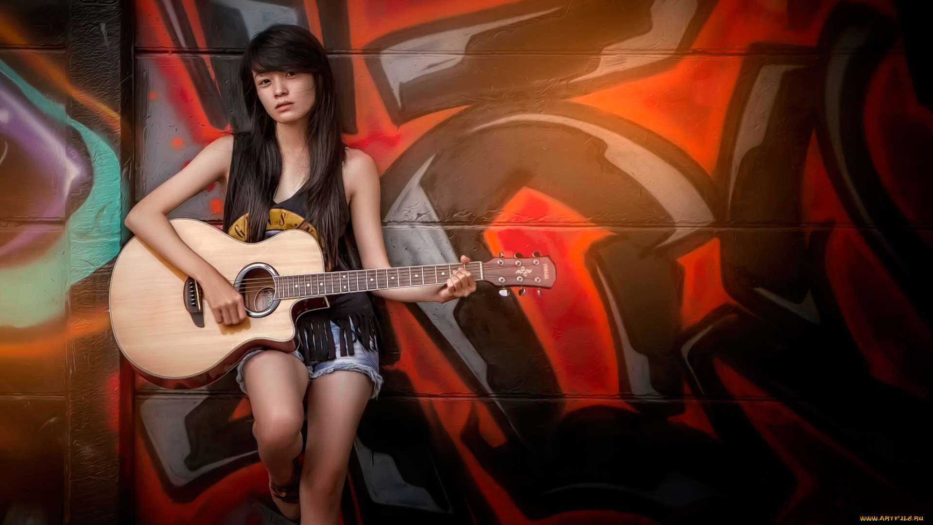 музыка, -, другое, гитаристка, стена, граффити, гитара, девушка, взгляд