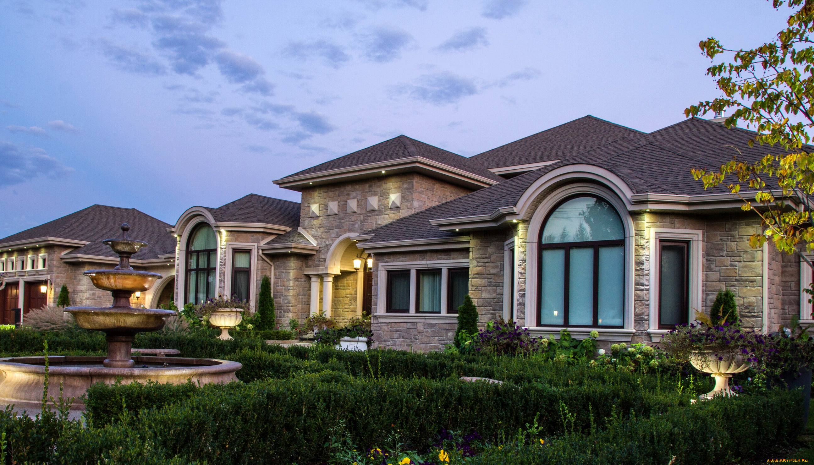 города, -, здания, , дома, газоны, ночь, фонари, фонтан, особняк, дом