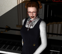 обоя 3д графика, люди , people, фон, очки, рыжая, улыбка, взгляд, девушка