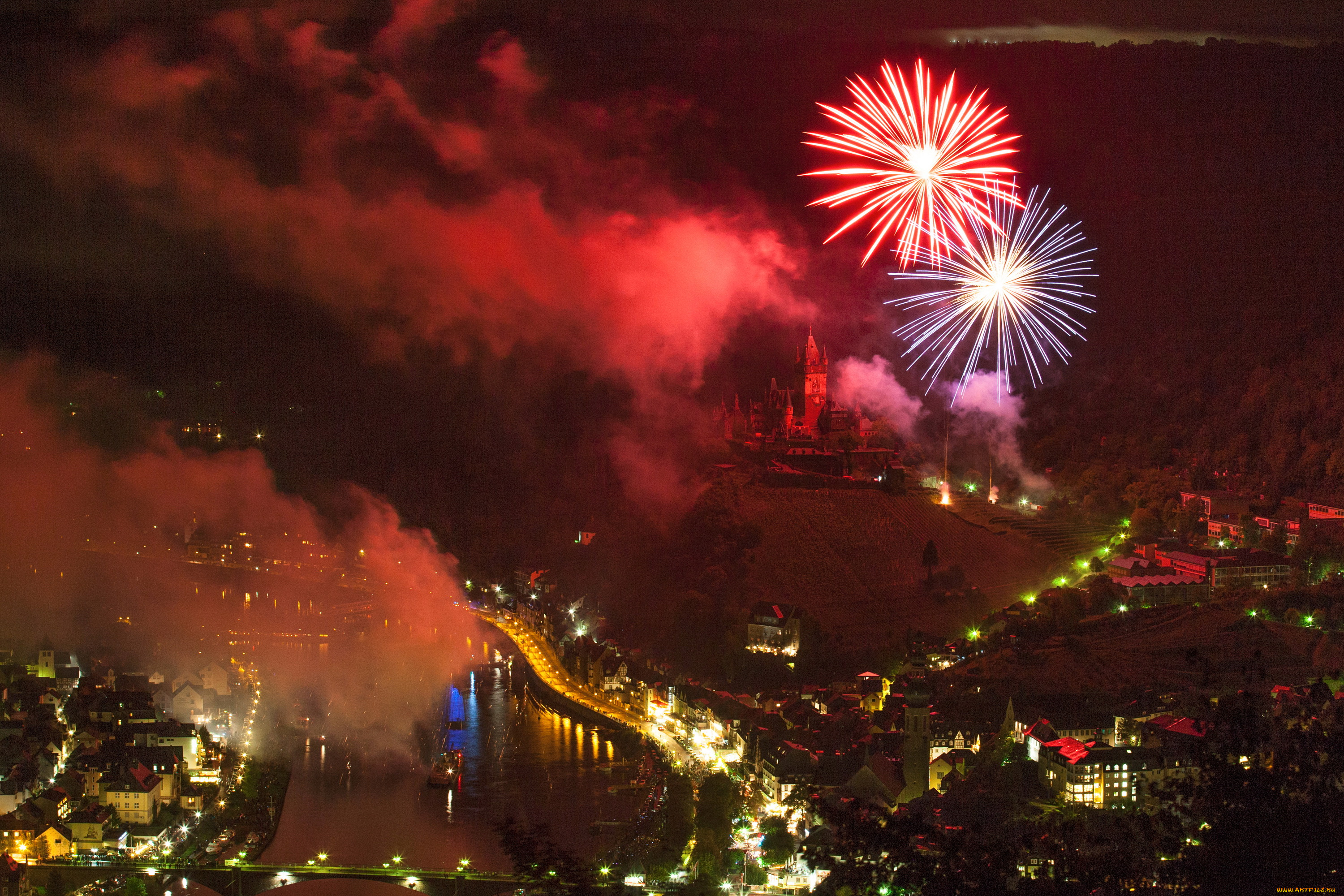 города, кохем, , германия, cochem, замок, дома, огни, салют, ночь