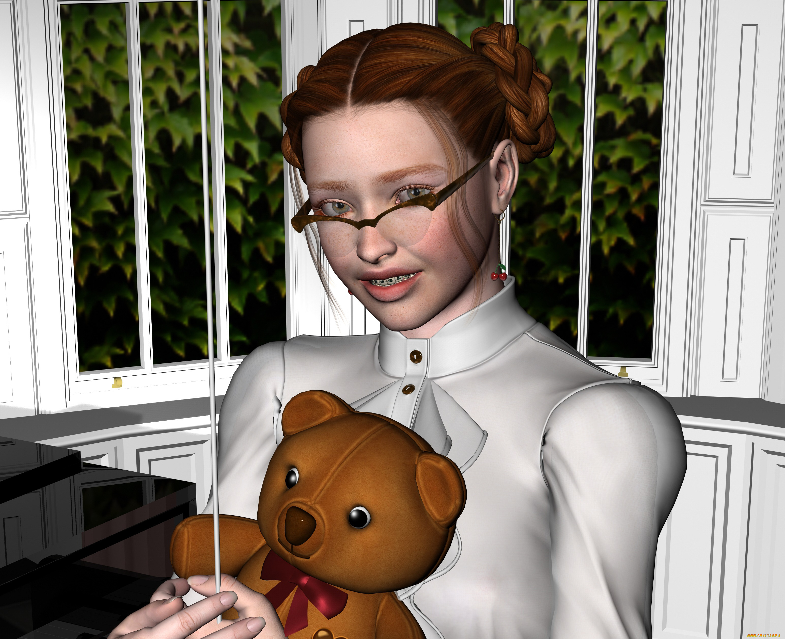 3д, графика, люди, , people, девушка, взгляд, игрушка, очки, рыжая, улыбка