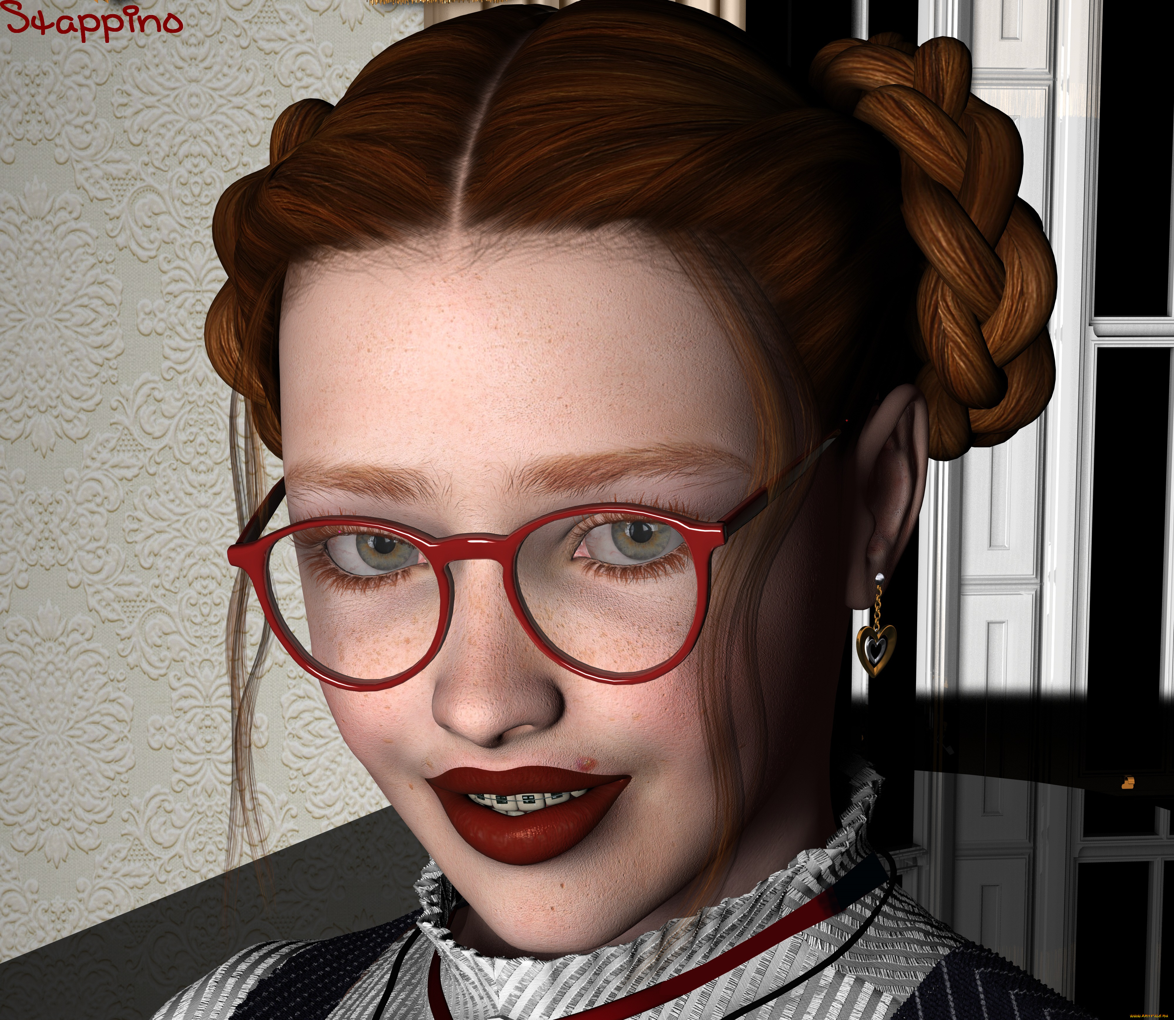 3д, графика, портрет, , portraits, фон, улыбка, очки, девушка, взгляд, рыжая