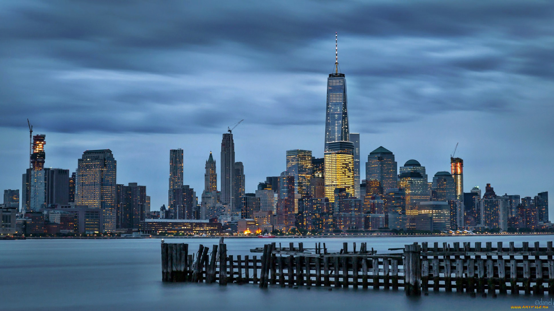 downtown, manhattan, города, нью-йорк, , сша, залив, ночь, огни, высотки