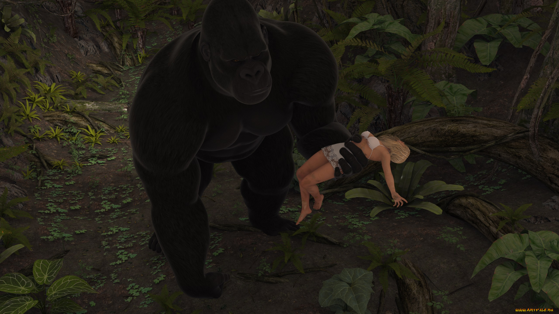 3д, графика, фантазия, , fantasy, девушка, горила, фон, взгляд