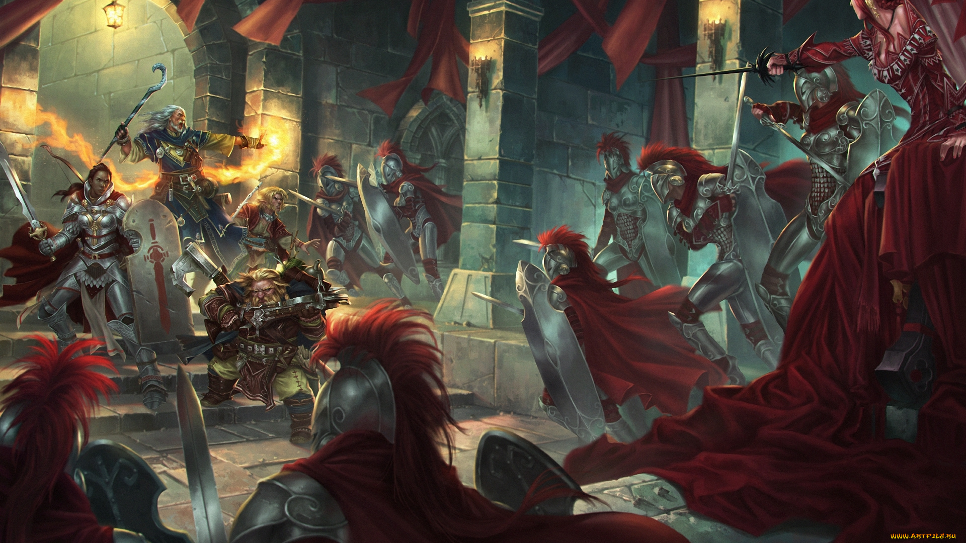 фэнтези, люди, битва, замок, доспехи, оружие, маг, красные, плащи, войны