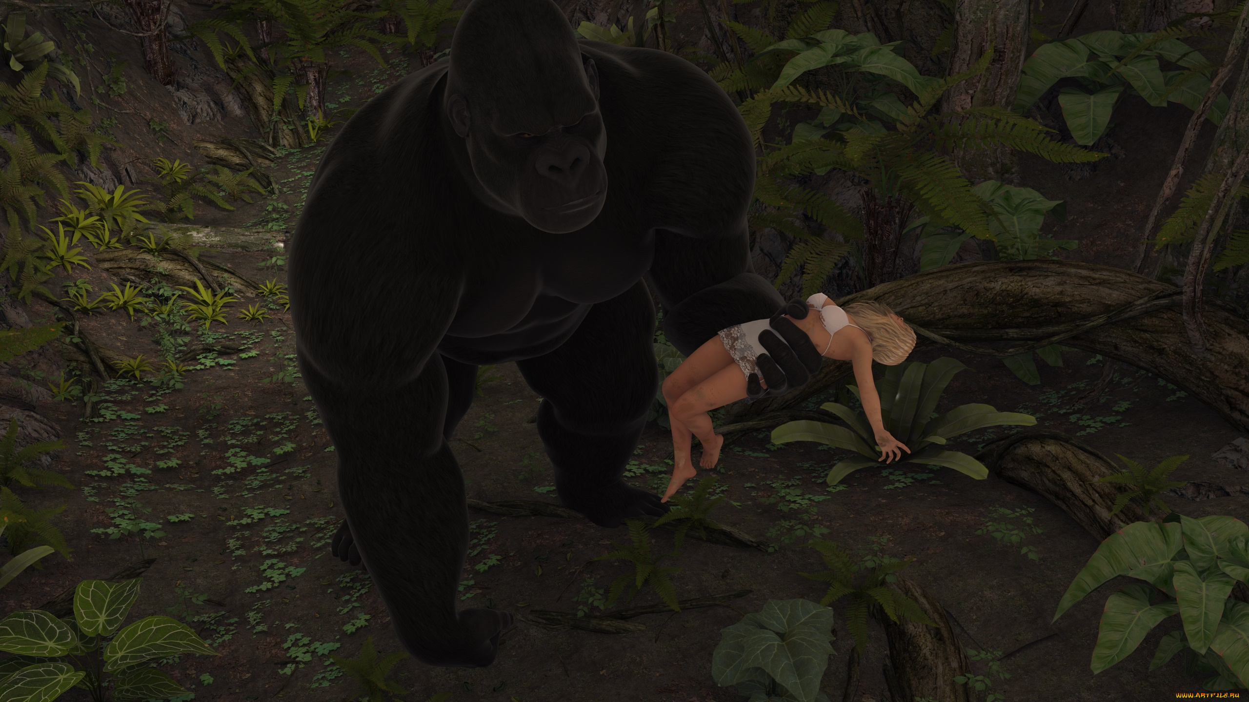 3д, графика, фантазия, , fantasy, девушка, горила, фон, взгляд