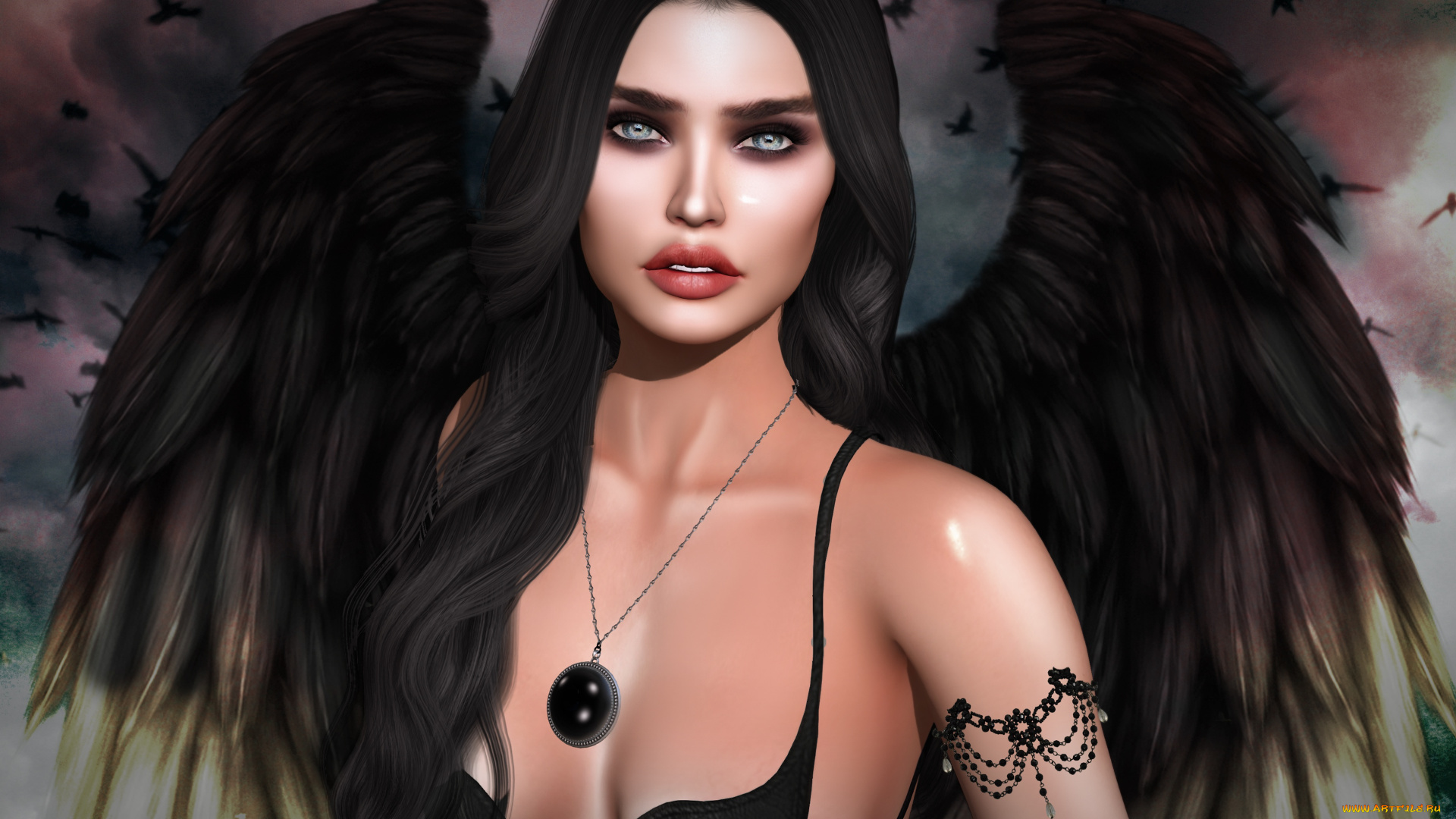 3д, графика, ангел, , angel, взгляд, лицо, волосы, фон, крылья