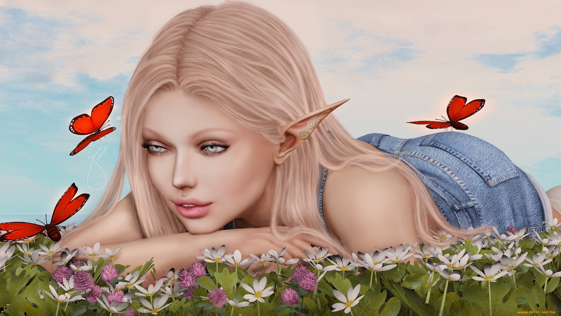 3д, графика, эльфы, , elves, девушка, бабочки, лето, лицо, волосы, лежит