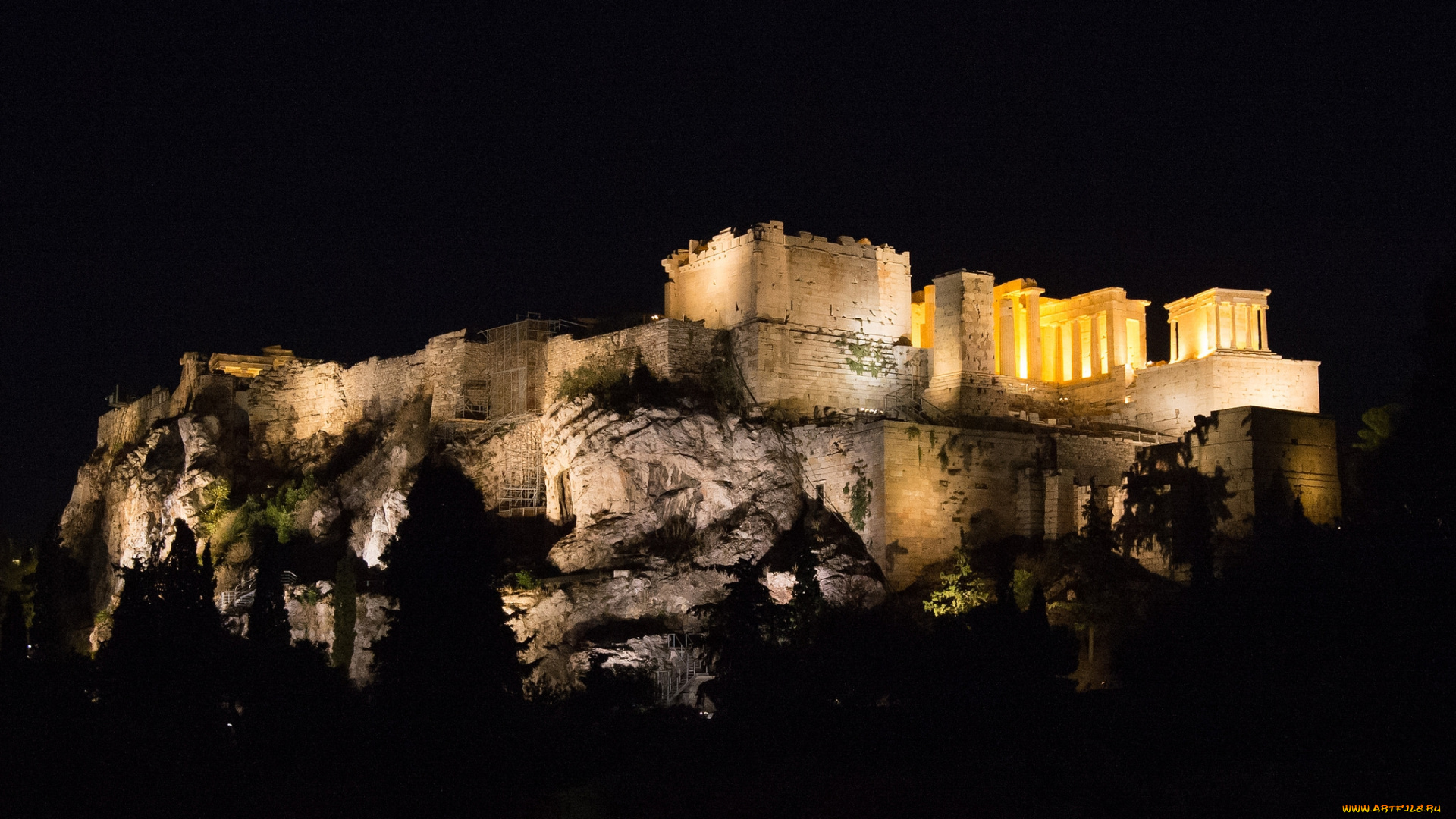 acropolis, города, афины, , греция, ночь, огни