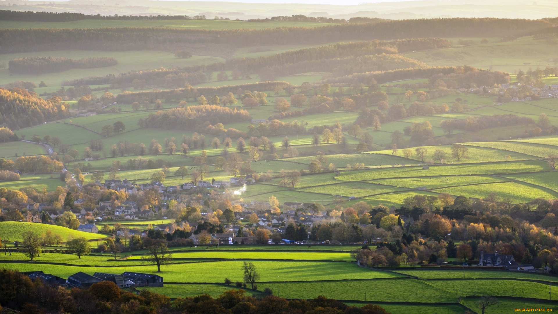 баслоу, , графство, дербишир, , англия, города, -, пейзажи, деревья, дома, поля, рощи