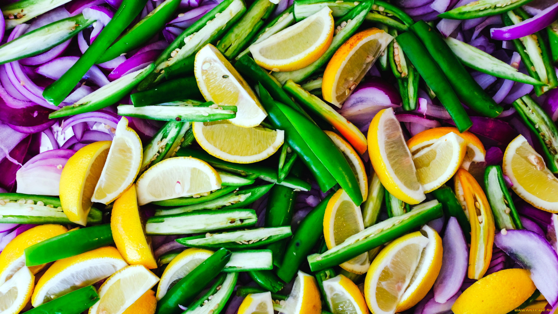 еда, фрукты, и, овощи, вместе, лук, лимоны, фасоль