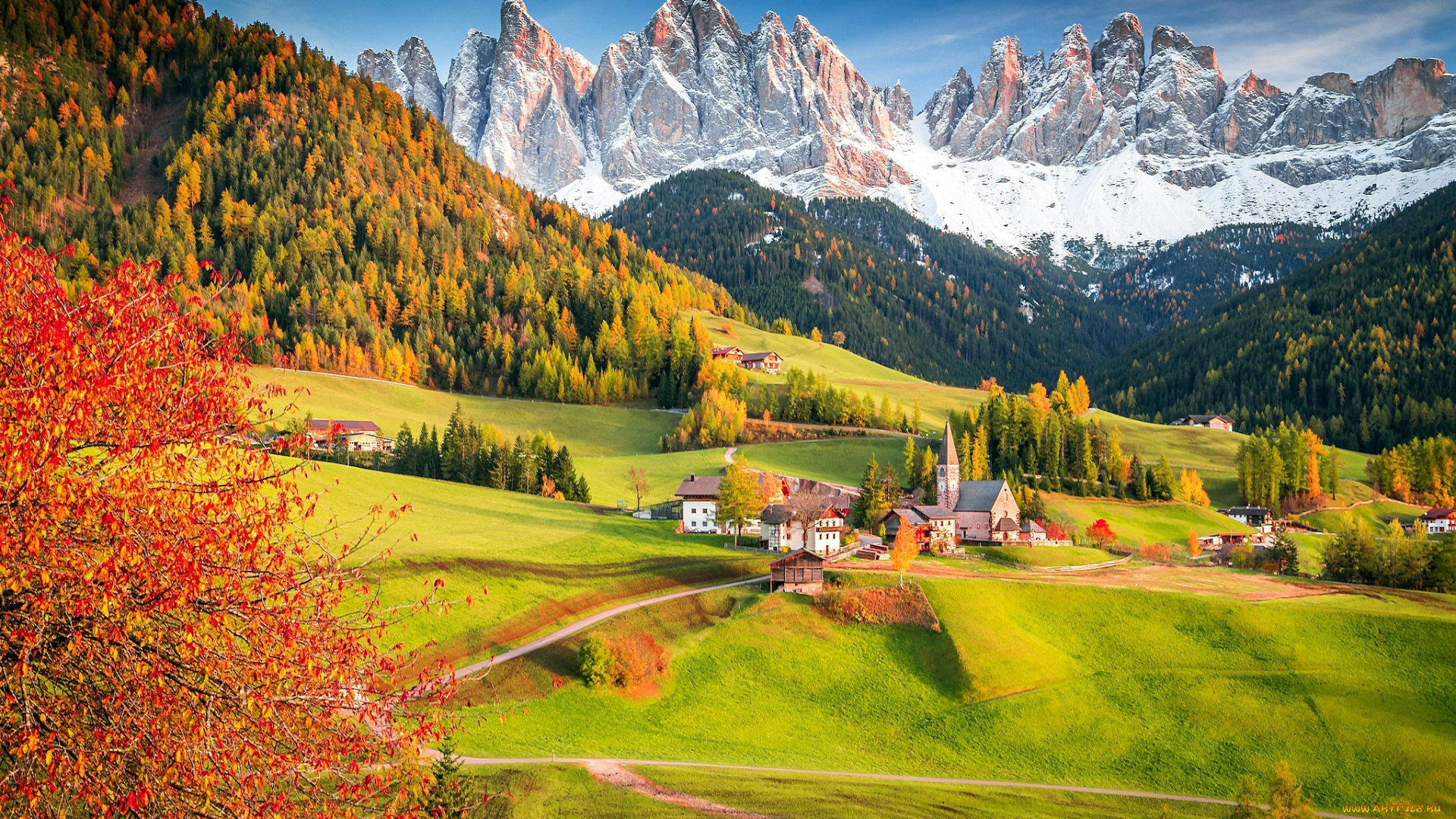 города, -, пейзажи, горы, долина, городок, осень