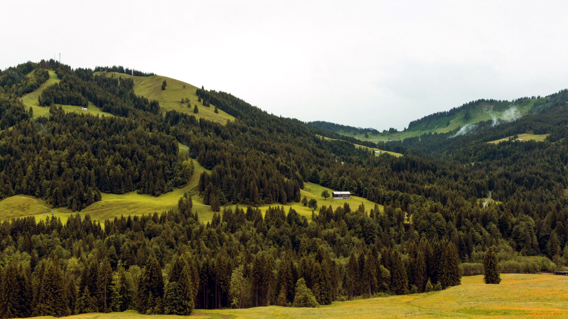 природа, горы, холмы, деревья, домик