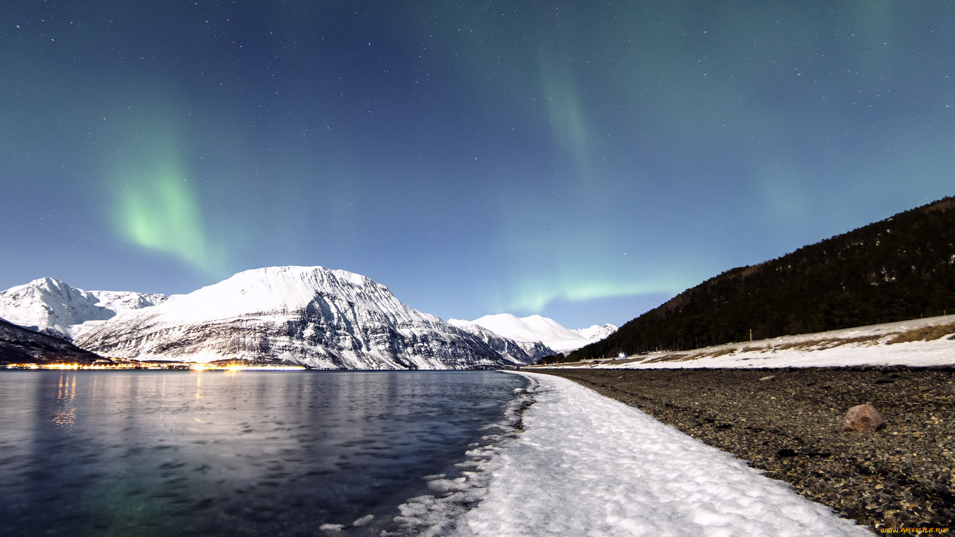 природа, северное, сияние, озеро, дорога, полярное, сияние, горы
