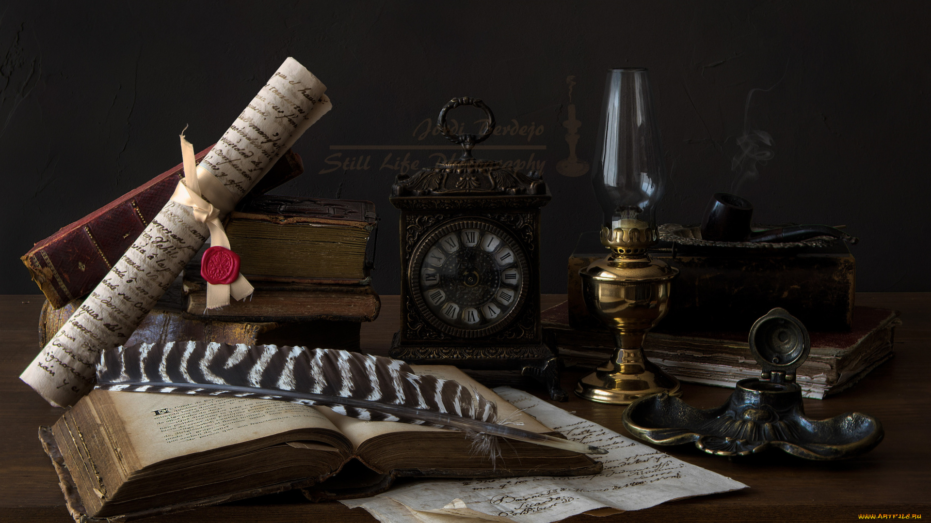 разное, ретро, , винтаж, перо, свиток, часы, чернильница, лампа, книги, трубка