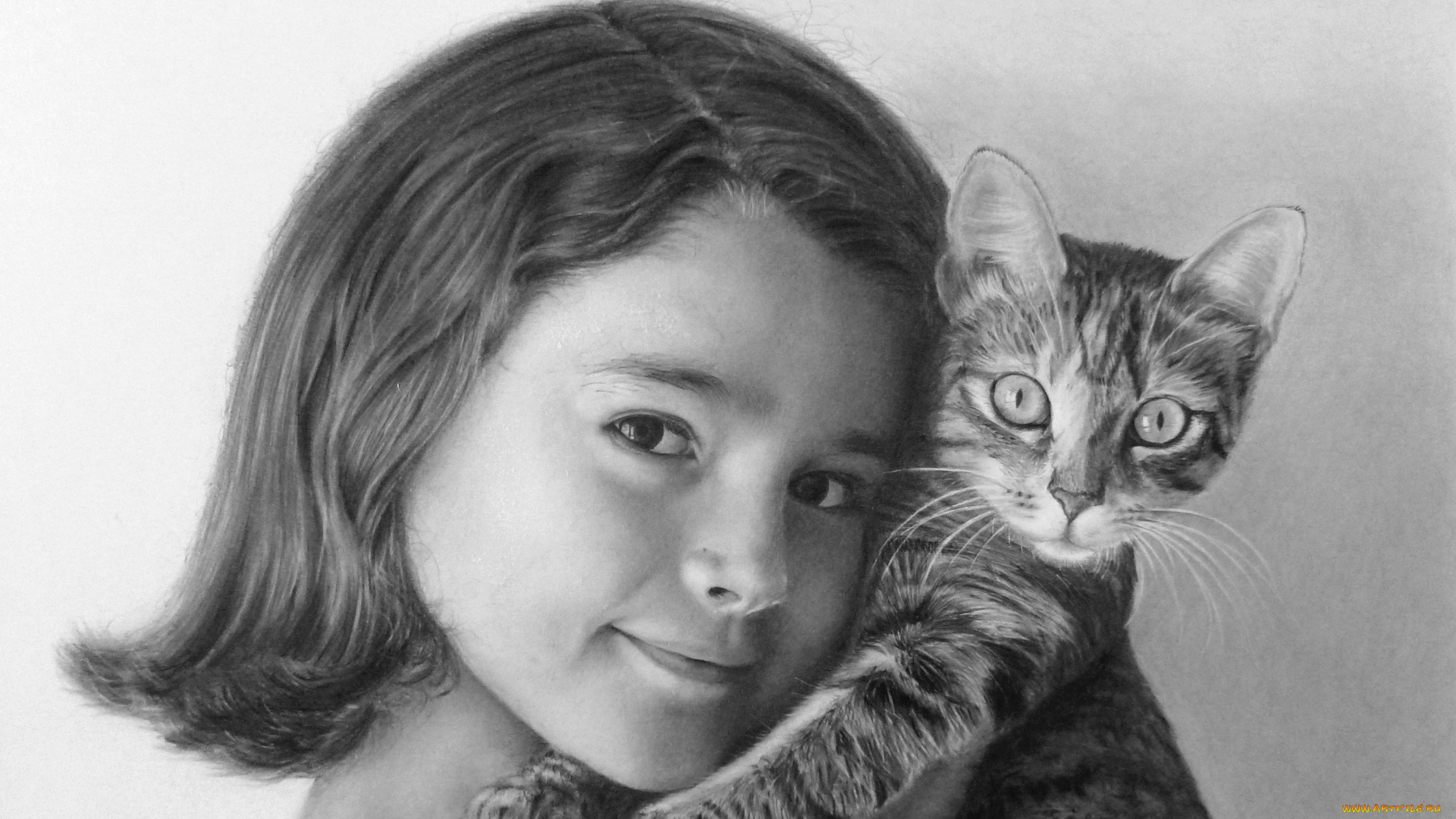 рисованное, дети, взгляд, фон, девочка, улыбка, котенок