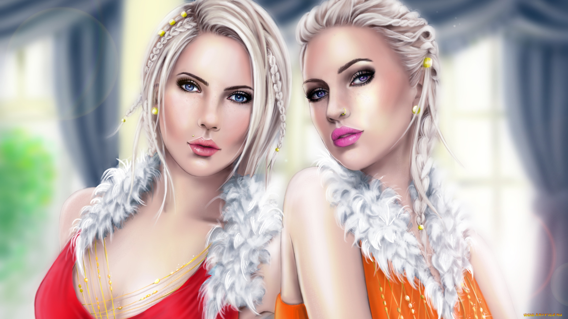 рисованное, люди, взгляд, фон, девушки, пирсинг