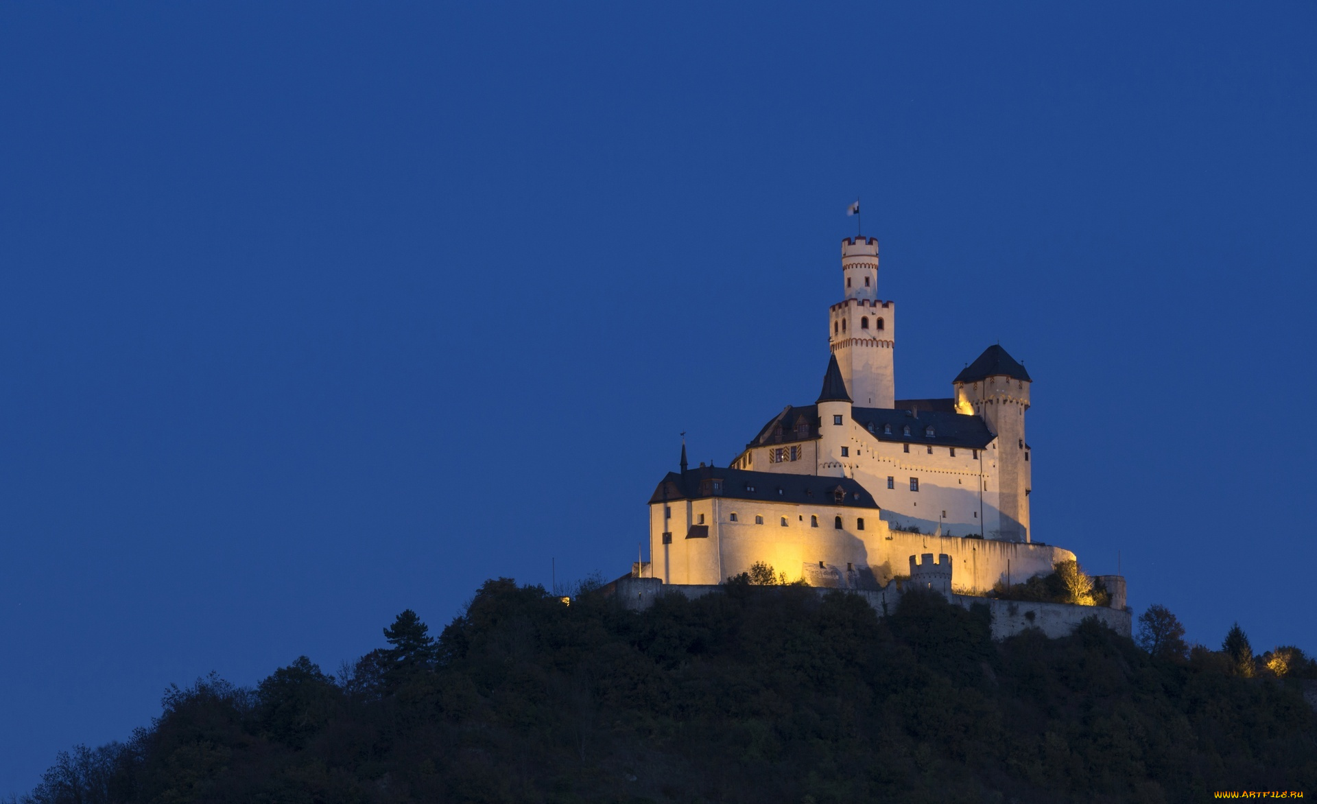 замок, марксбург, города, -, дворцы, , замки, , крепости, подсветка, гора, деревья, небо