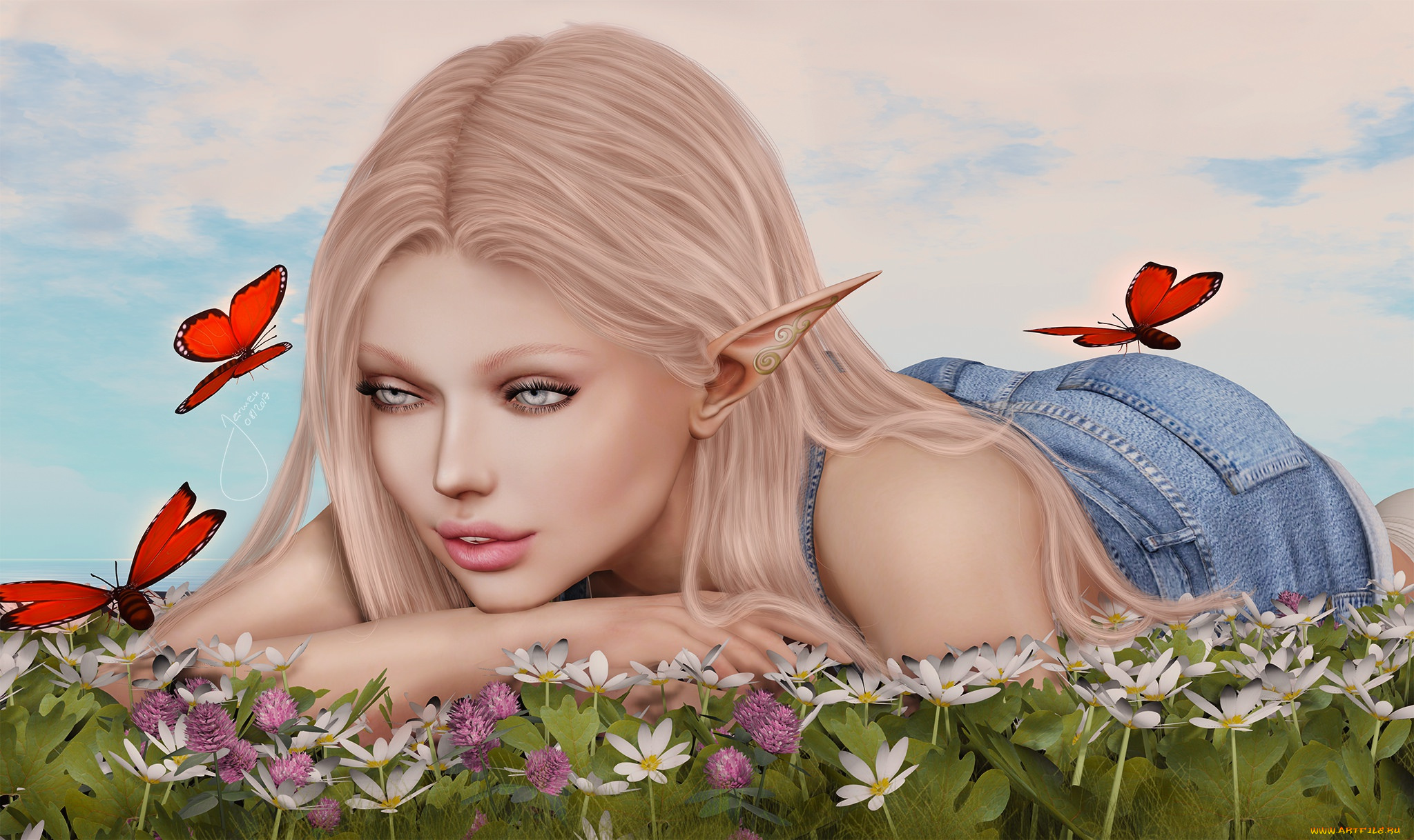 3д, графика, эльфы, , elves, девушка, бабочки, лето, лицо, волосы, лежит