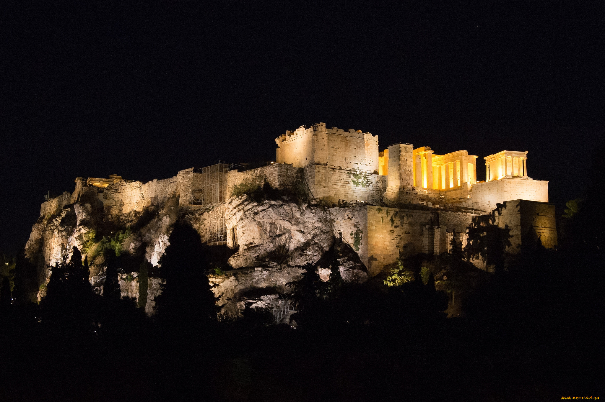 acropolis, города, афины, , греция, ночь, огни