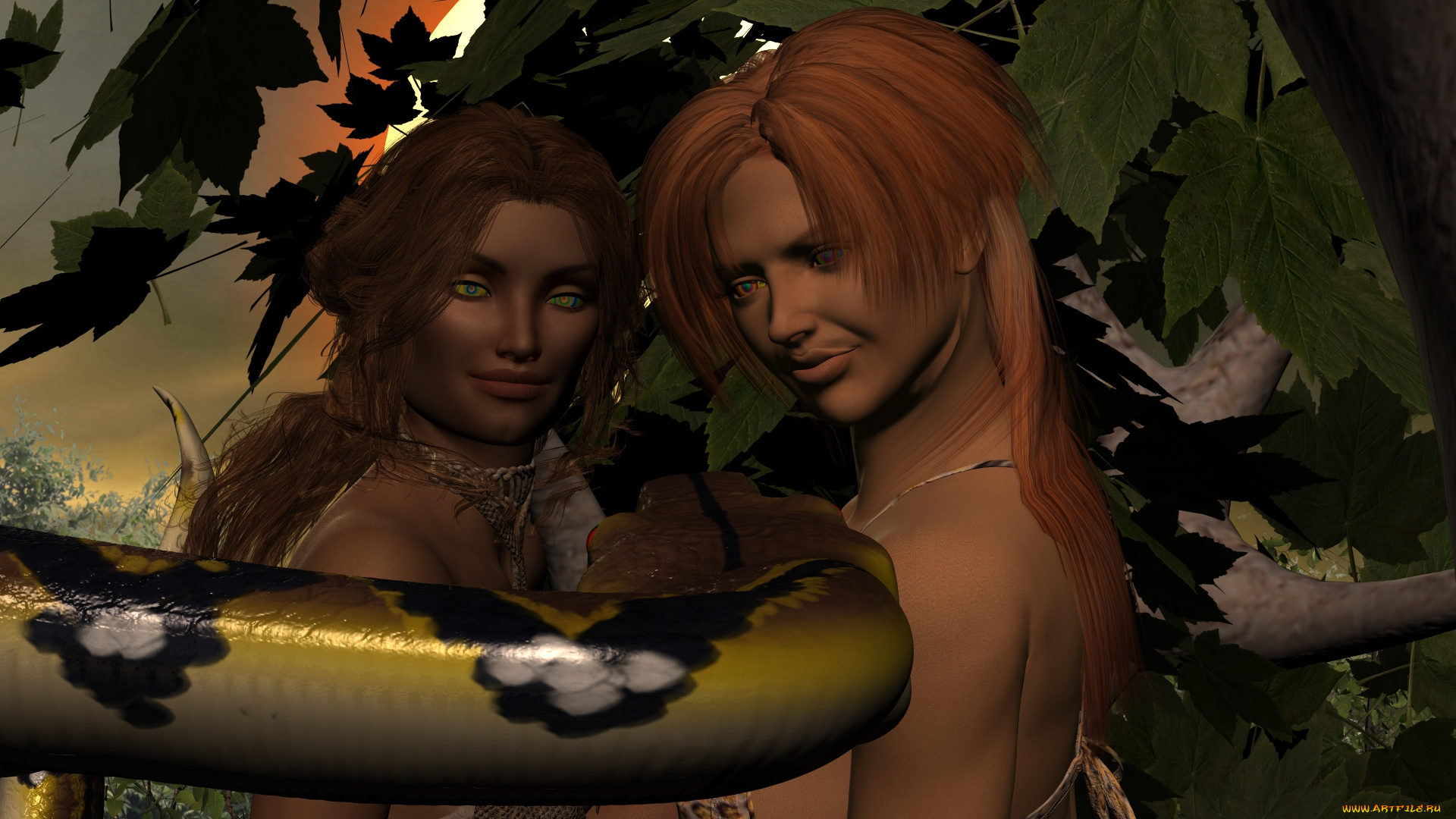 3д, графика, фантазия, , fantasy, взгляд, фон, змея, девушка