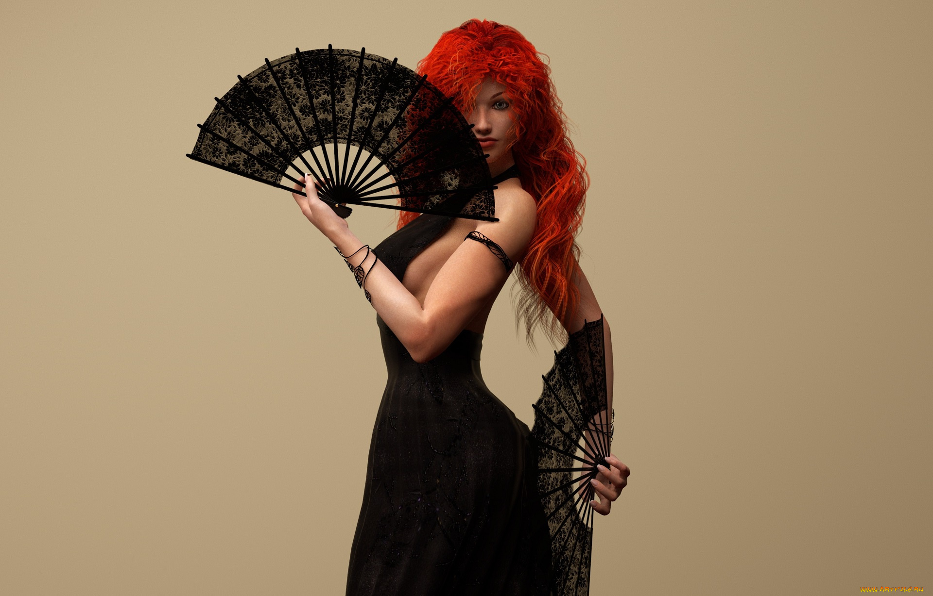 3д, графика, люди, , people, рыжая, девушка, веера