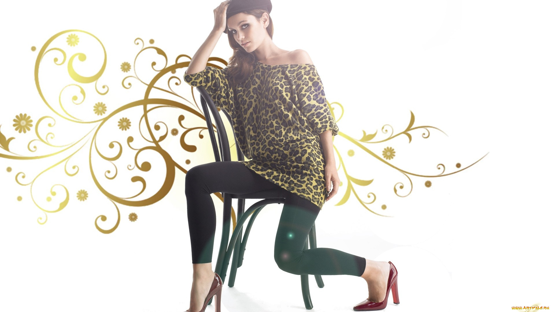 девушки, rachel, bilson, каблуки, стул, лосины, узор, актриса, шатенка, берет, туника