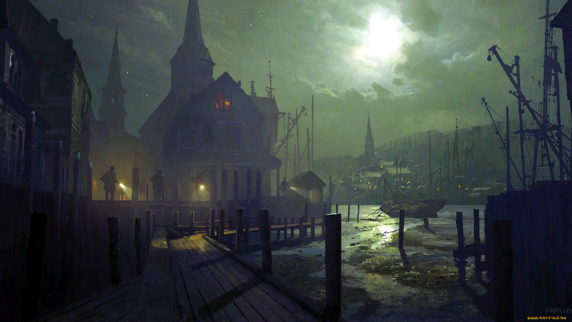 рисованное, города, город, люди, ночь, тучи