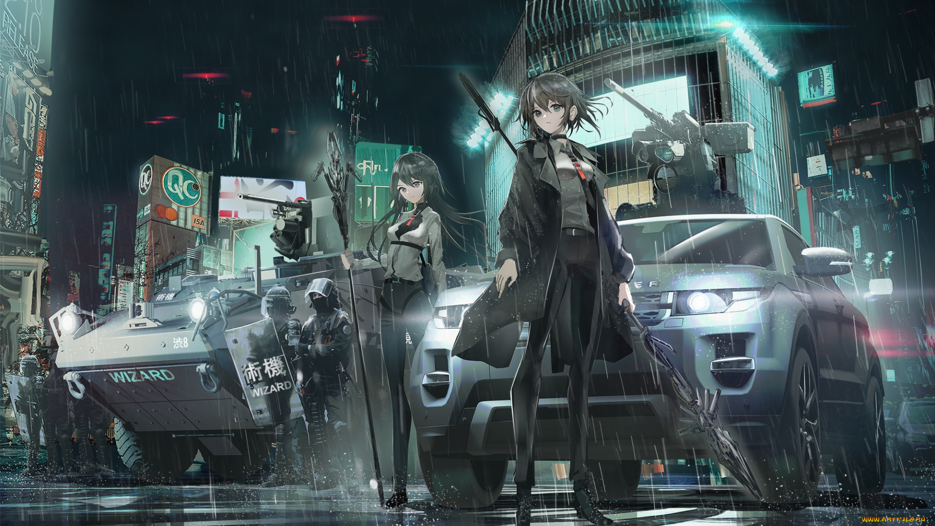 аниме, оружие, , техника, , технологии, девушки, ночь, солдаты, улица