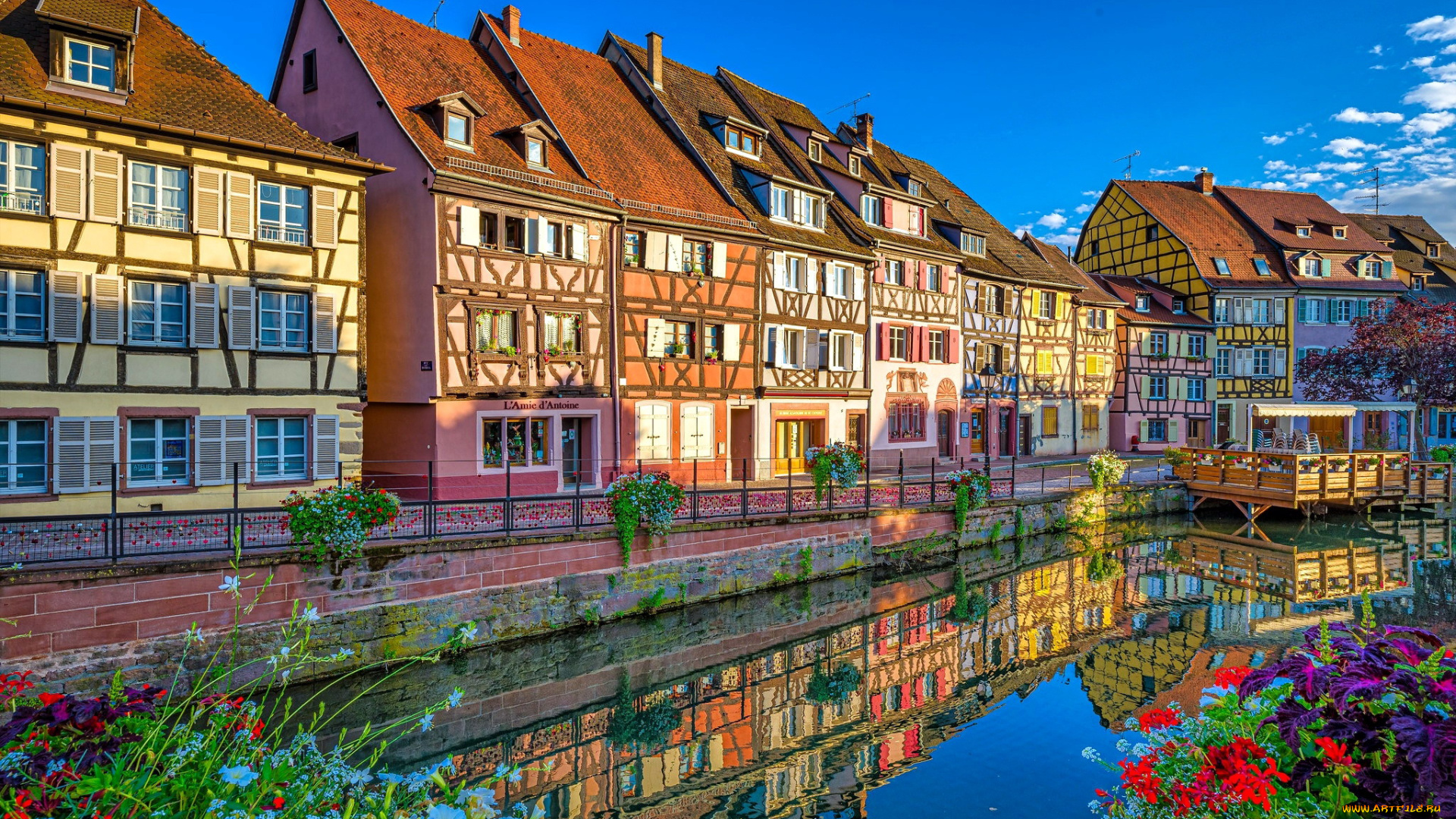 города, кольмар, , франция, канал, набережная, цветы