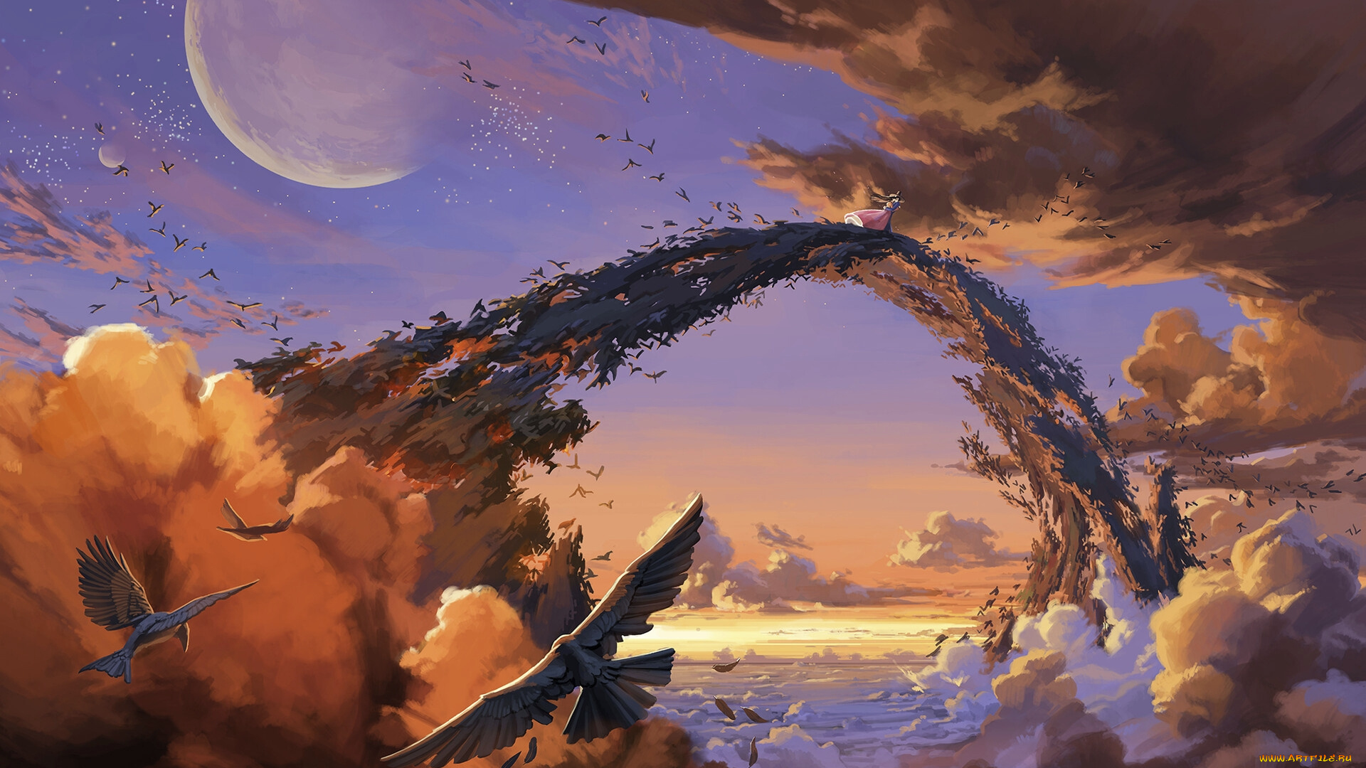 фэнтези, магия, облака, человек, заклинатель, птицы